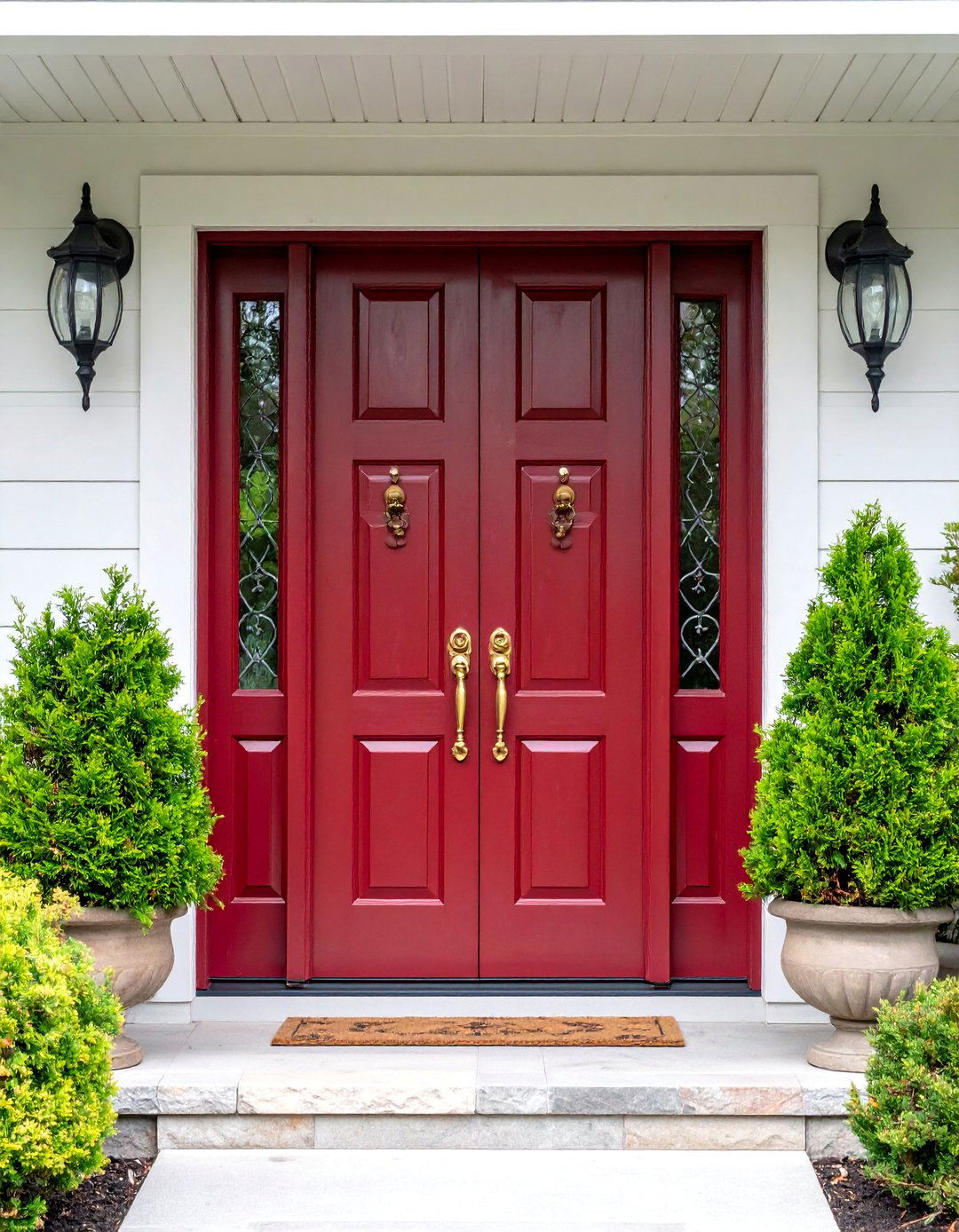 Mahogany Red Door with Bronze Hardware Ensemble - 25 Dark Red Front Door Ideas