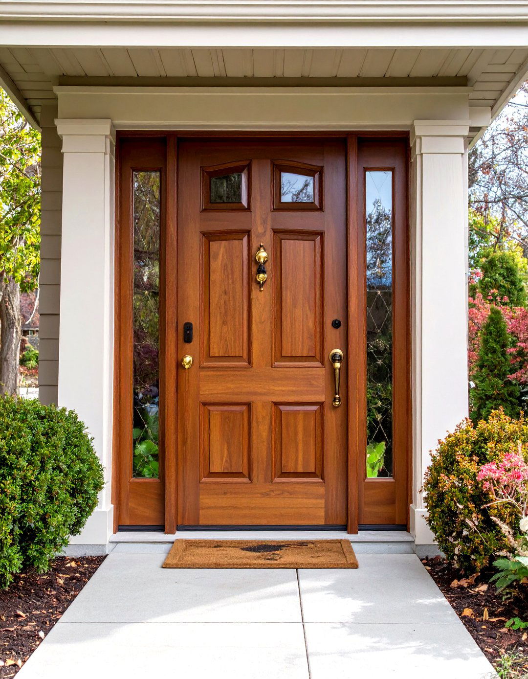 Mahogany Stained Front Door with Traditional Brass Details - 25 Brown House Front Door Colors