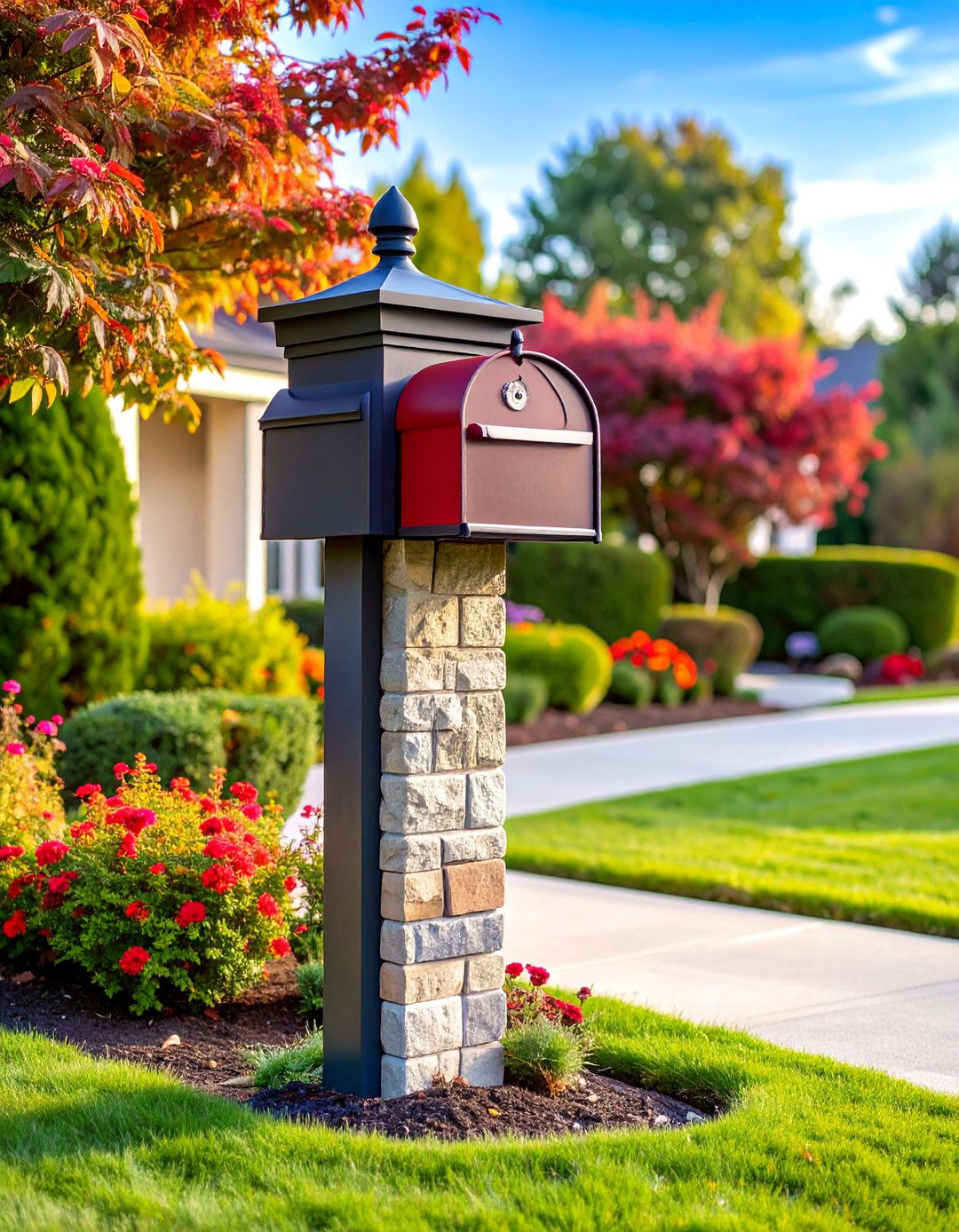Mailbox Pillar with Landscape Integration - 25 driveway entrance ideas
