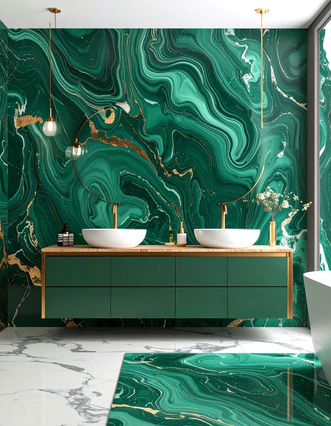 Malachite Green Marble Statement Wall - 25 Black and Green Bathroom Ideas