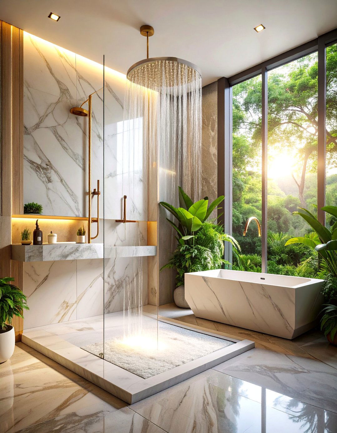 Marble Bathroom Shower with Waterfall Design Features - 25 Marble Bathroom Ideas