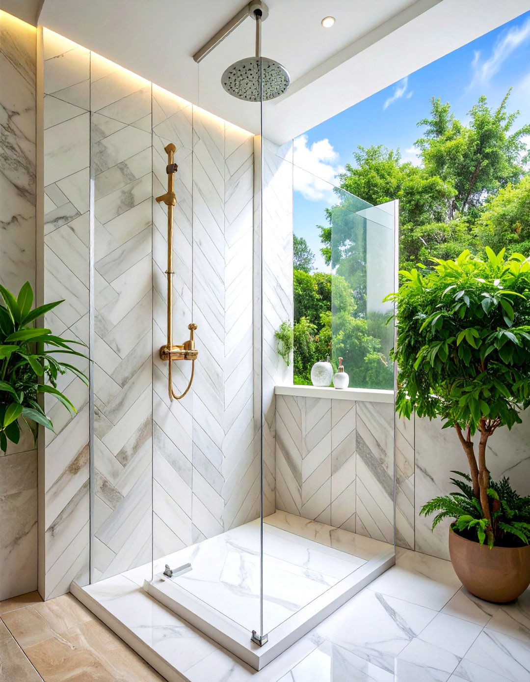 Marble Herringbone Accent Wall Shower - 25 Modern Shower Ideas
