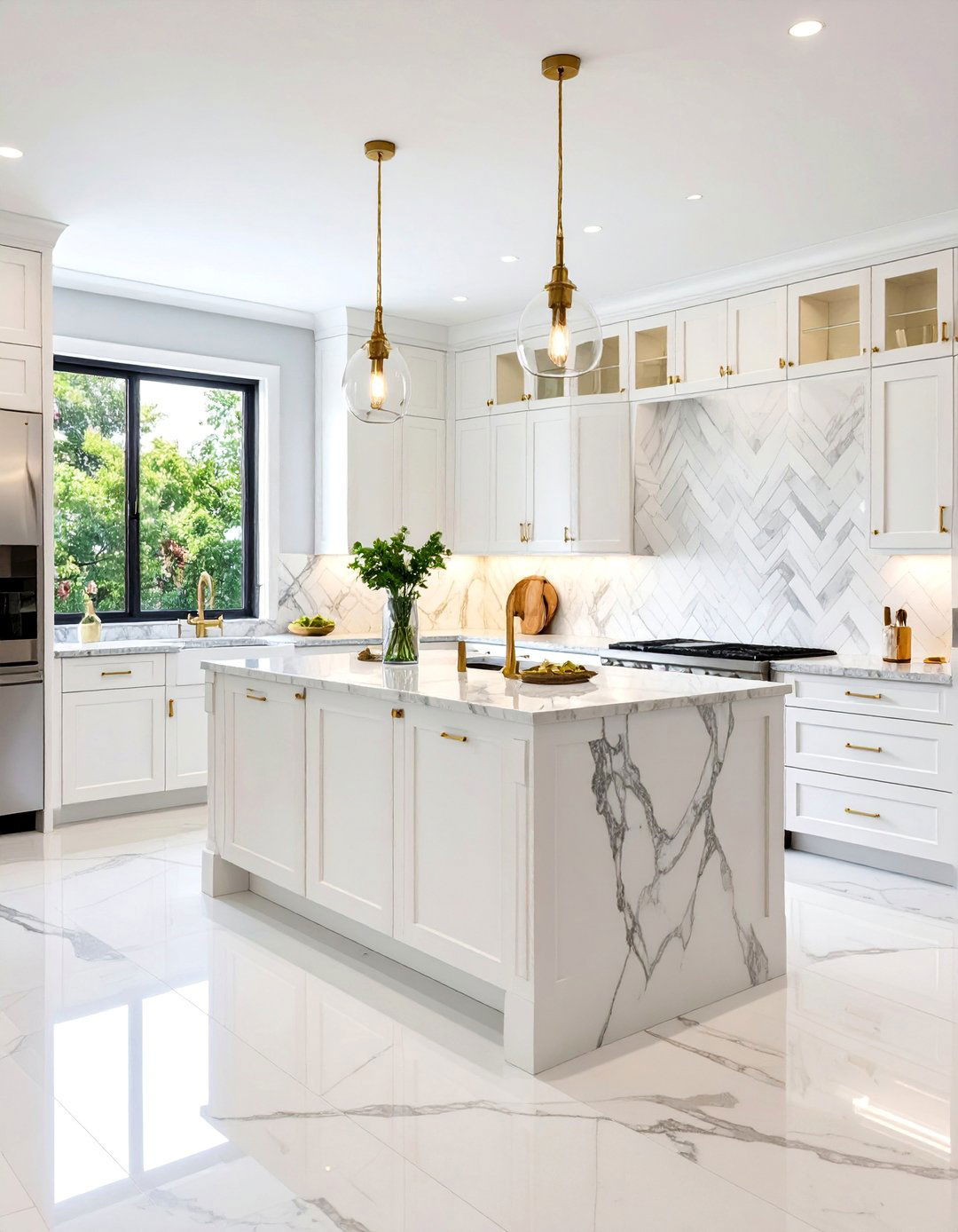 Marble Herringbone Backsplash with Natural Veining - 25 Backsplash Ideas for White Cabinets and Granite Countertops