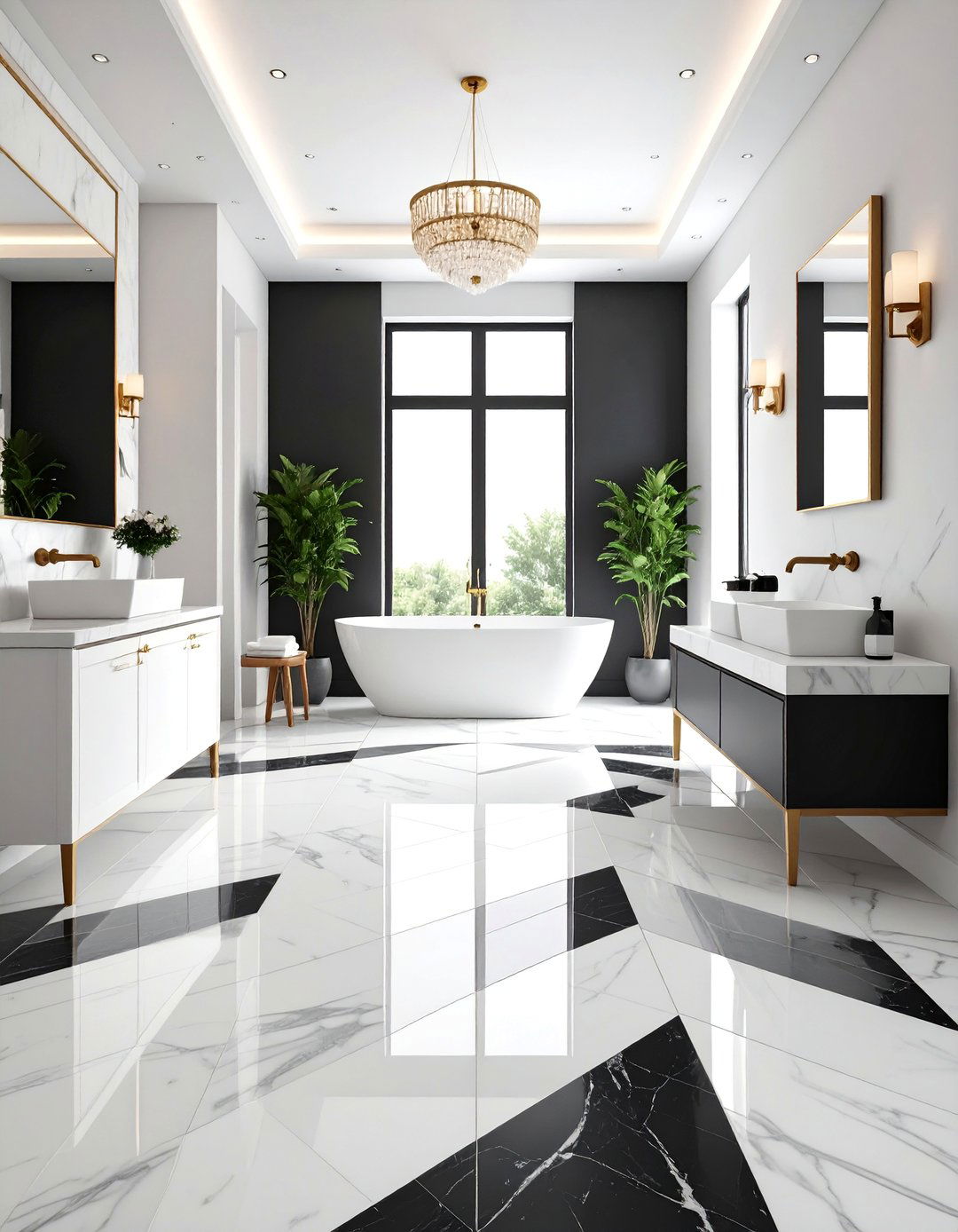 Marble Herringbone Floor Pattern - 25 Black and White Bathroom Ideas