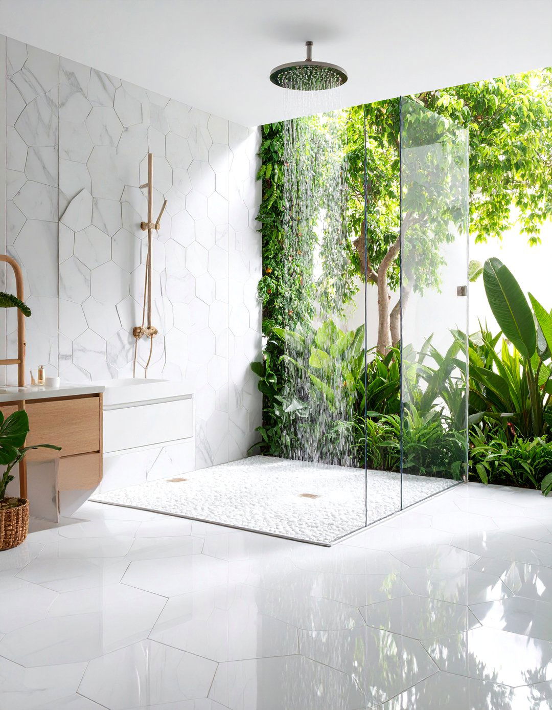 Marble Hexagon Mosaic Shower Floor with Geometric Elegance - 25 Stone Shower Design Ideas
