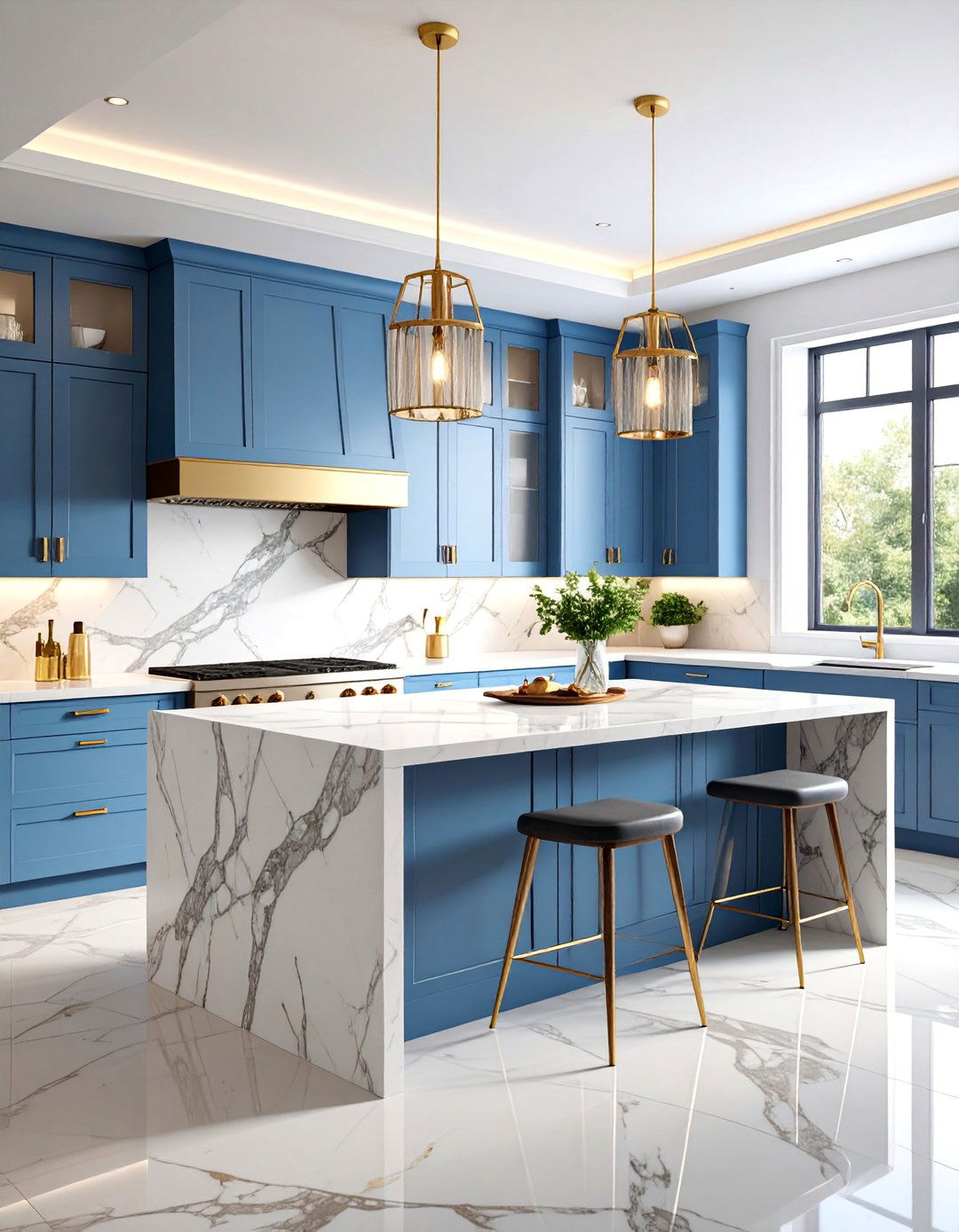 Marble Island Kitchen with Dramatic Veining - 25 Minimalist Kitchen Ideas