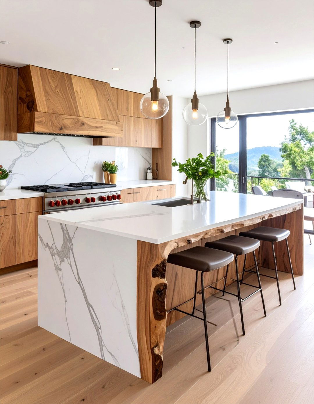 Marble Island with Live Edge Wood Accents - 25 Marble Kitchen Island Ideas