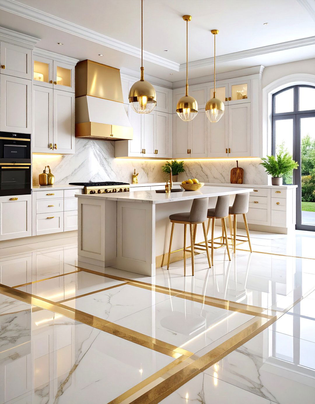 Marble Kitchen Floor with Brass Inlay Border Details - 25 Marble Kitchen Floor Ideas