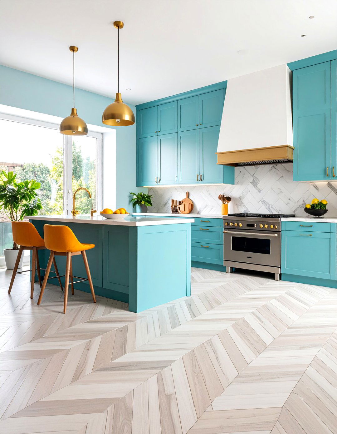 Marble Kitchen Floor with Chevron Pattern Contemporary Layout - 25 Marble Kitchen Floor Ideas