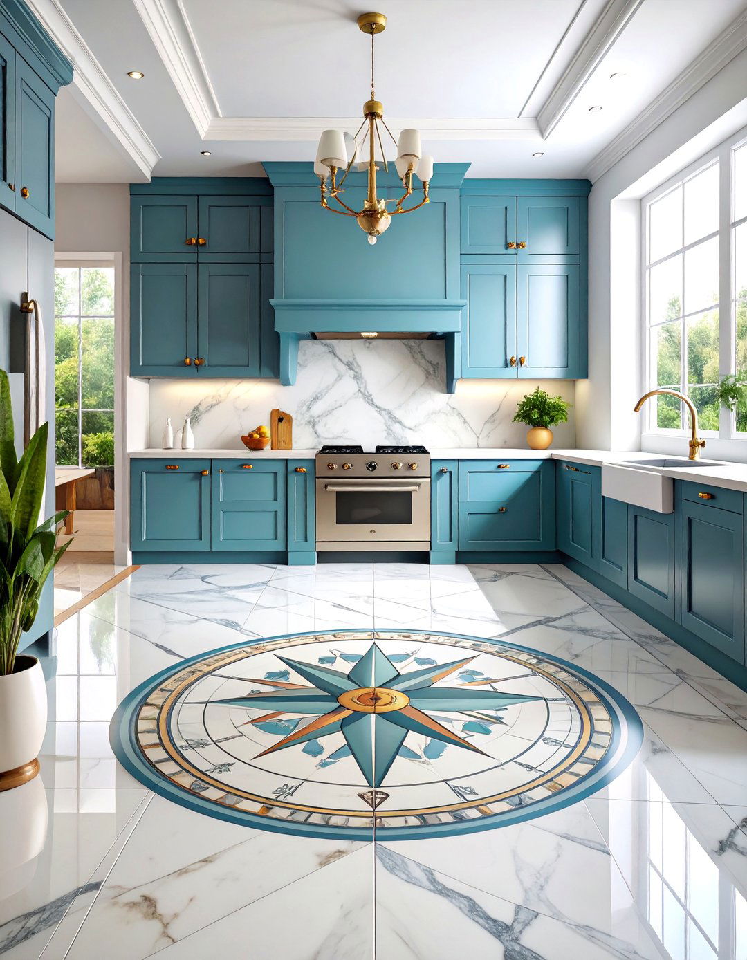 Marble Kitchen Floor with Compass Rose Centerpiece Design - 25 Marble Kitchen Floor Ideas
