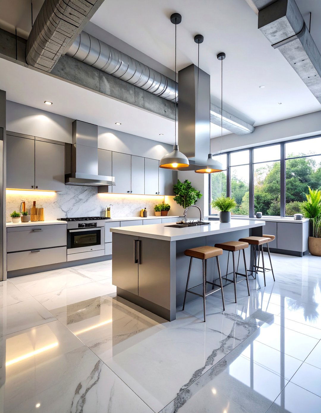 Marble Kitchen Floor with Concrete Border Industrial Design - 25 Marble Kitchen Floor Ideas