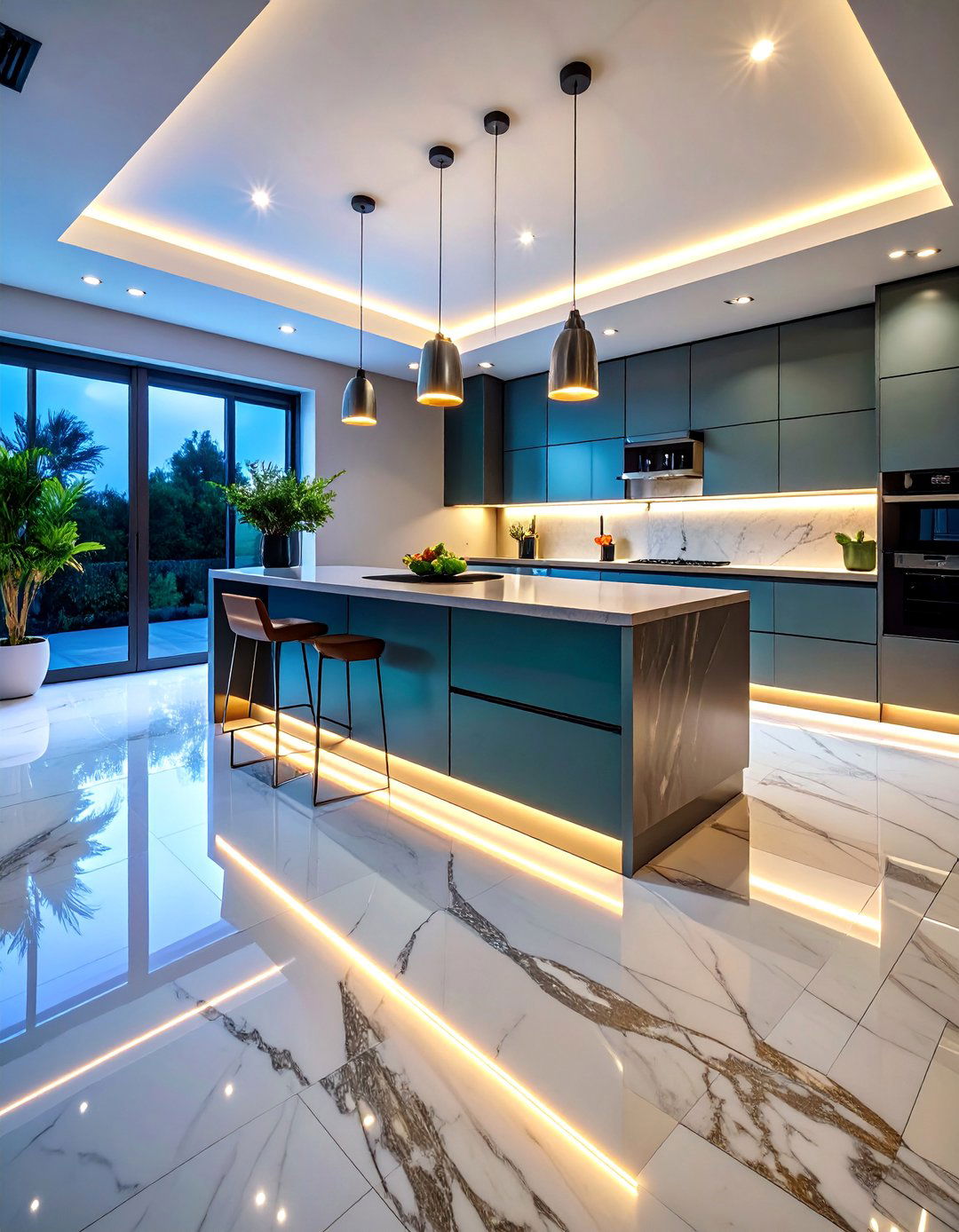 Marble Kitchen Floor with LED Lighting Integration Channels - 25 Marble Kitchen Floor Ideas