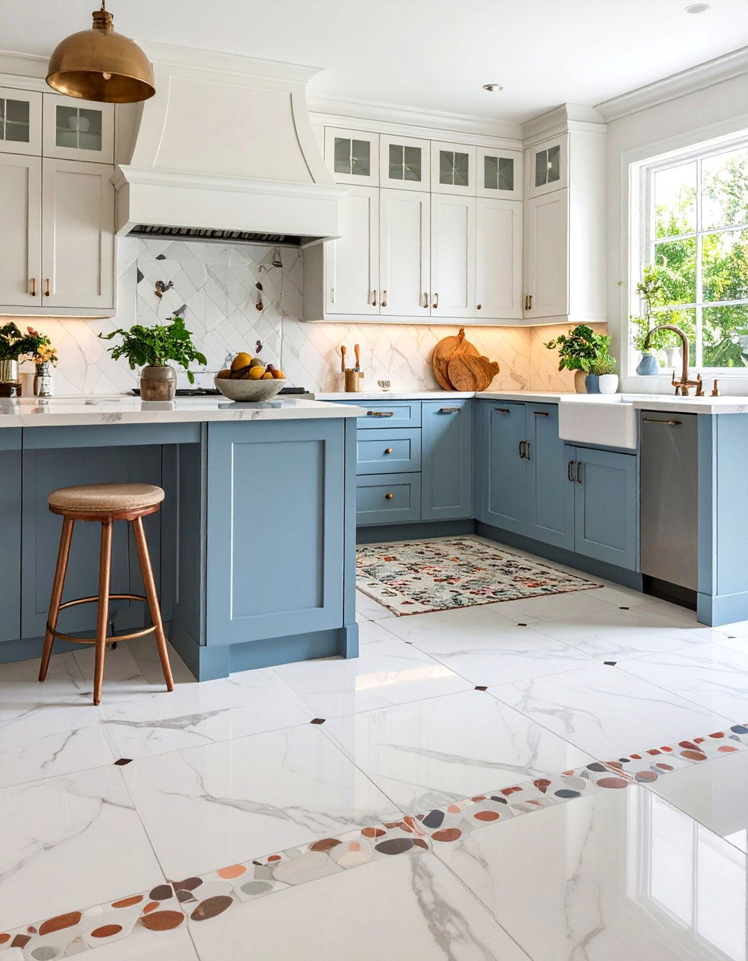 Marble Kitchen Floor with Vintage Penny Round Mosaic Accents - 25 Marble Kitchen Floor Ideas