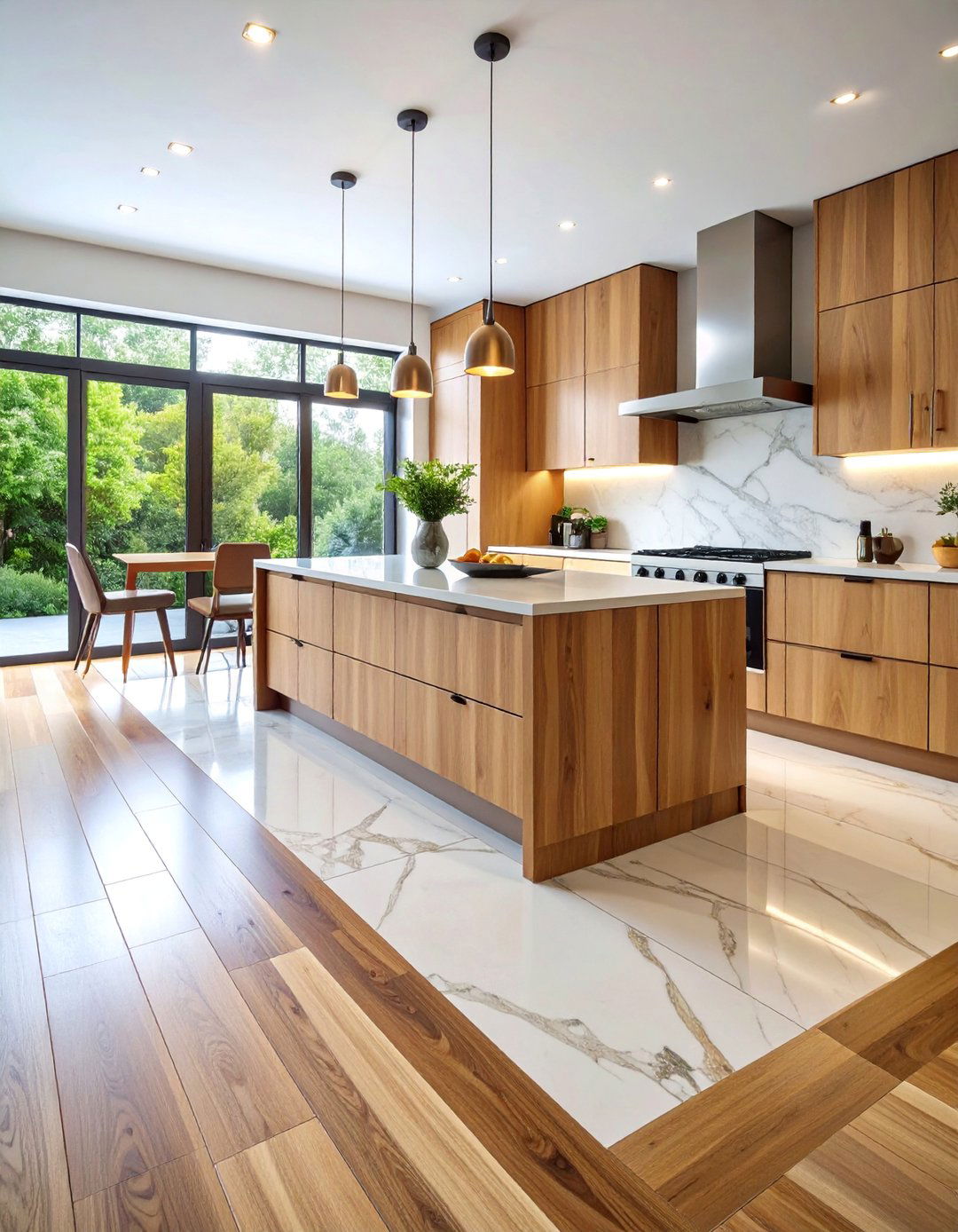 Marble Kitchen Floor with Wood Accent Strip Inserts - 25 Marble Kitchen Floor Ideas