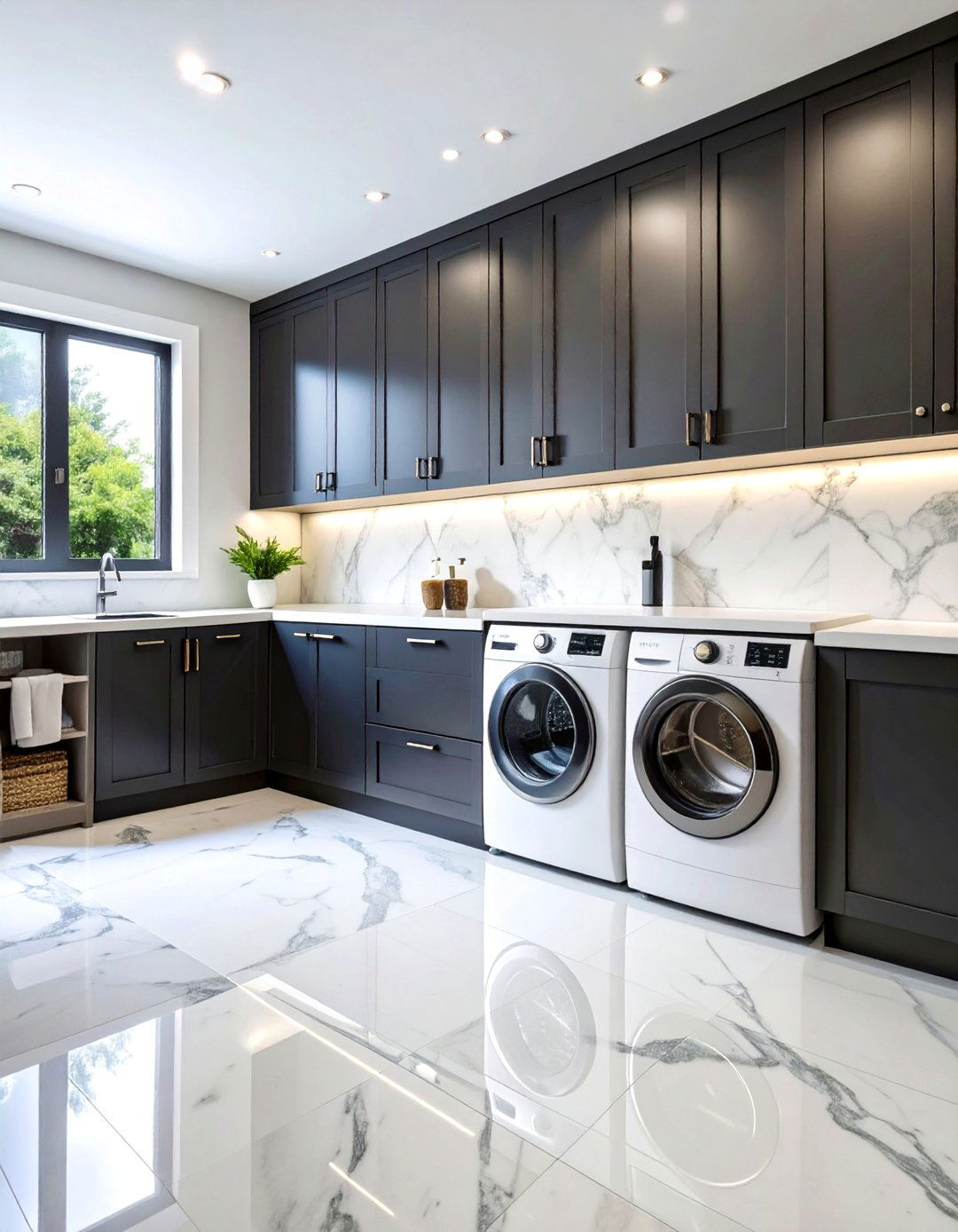 Marble Mosaic Backsplash Feature - 25 Black and White Laundry Room Ideas