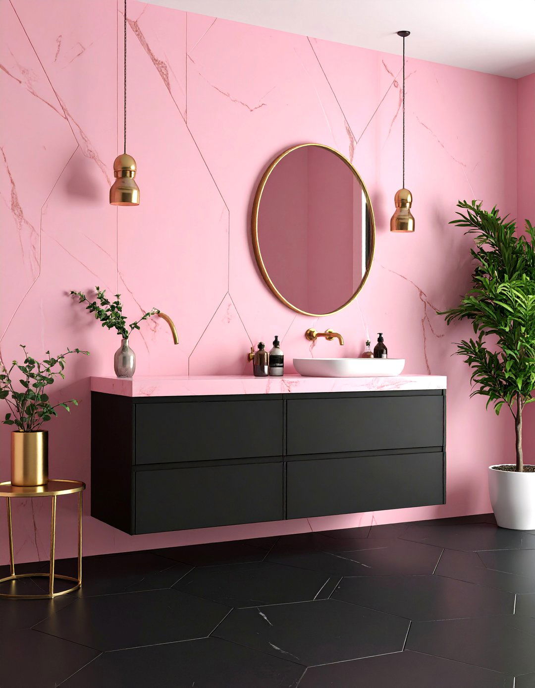 Marble Pink and Black Vanity Bathroom - 25 Pink and Black Bathroom Ideas