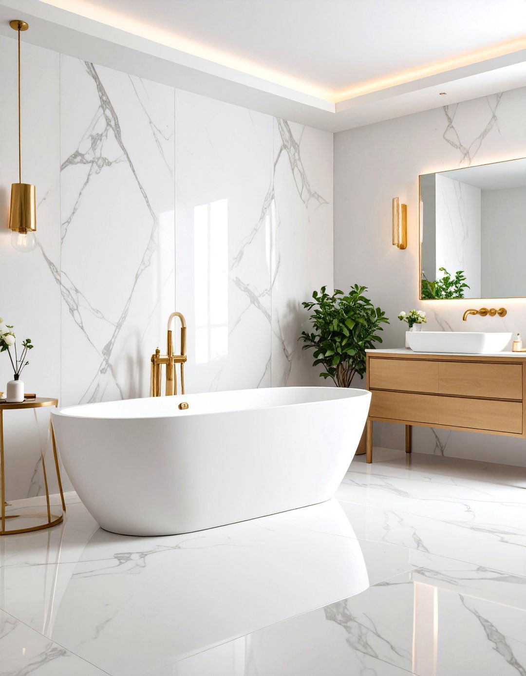 Marble Slab Accent Wall with Brass Fixtures - 25 Bathroom Accent Wall Ideas