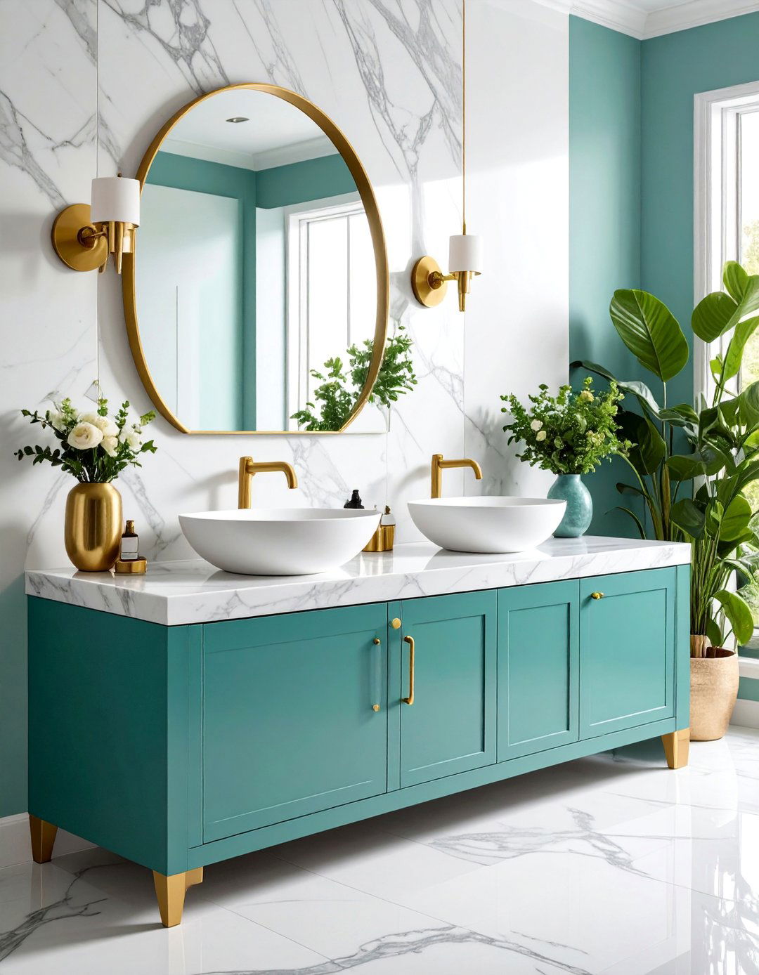 Marble Slab Vanity with Brass Details - 25 Small Bathroom Vanity Ideas