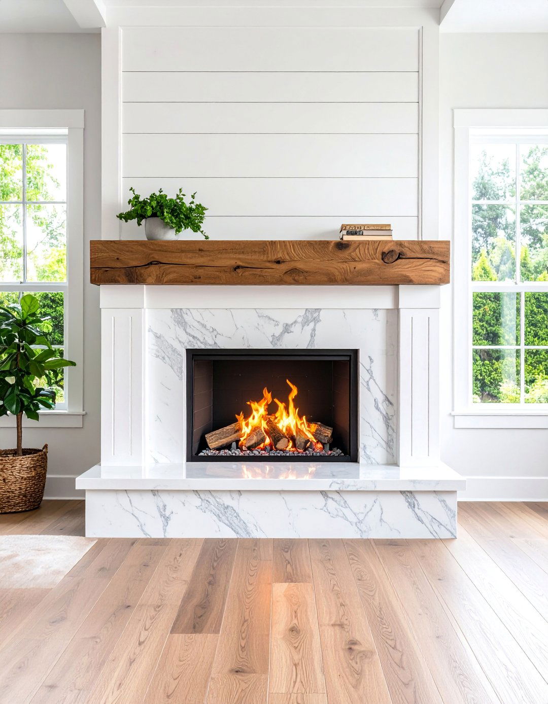 Marble Surround Shiplap Luxurious Style - 25 Shiplap Fireplace Ideas