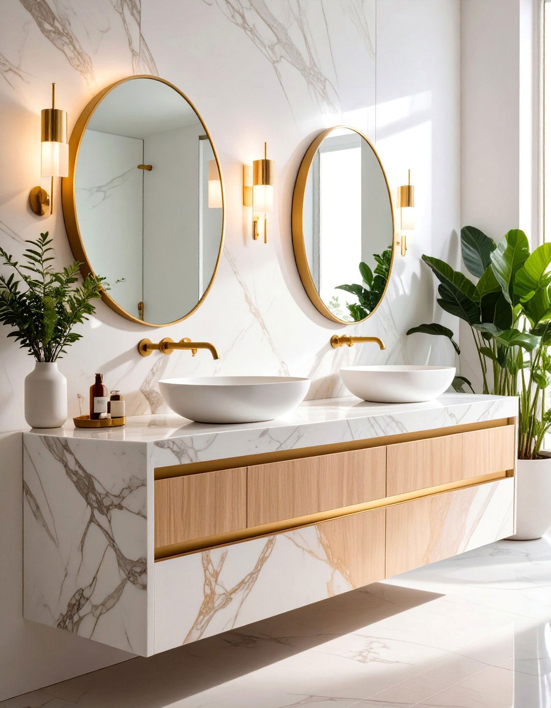 Marble Waterfall Edge Floating Vanity with Integrated Backsplash - 25 Floating Vanity Bathroom Ideas