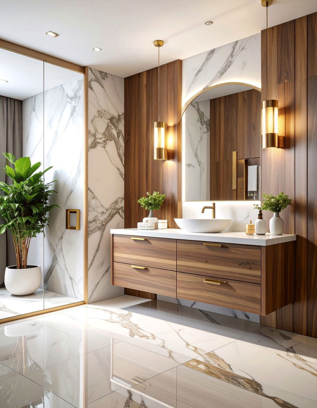 Marble and Walnut Vanity Contemporary Bathroom - 25 Earthy Bathroom Ideas