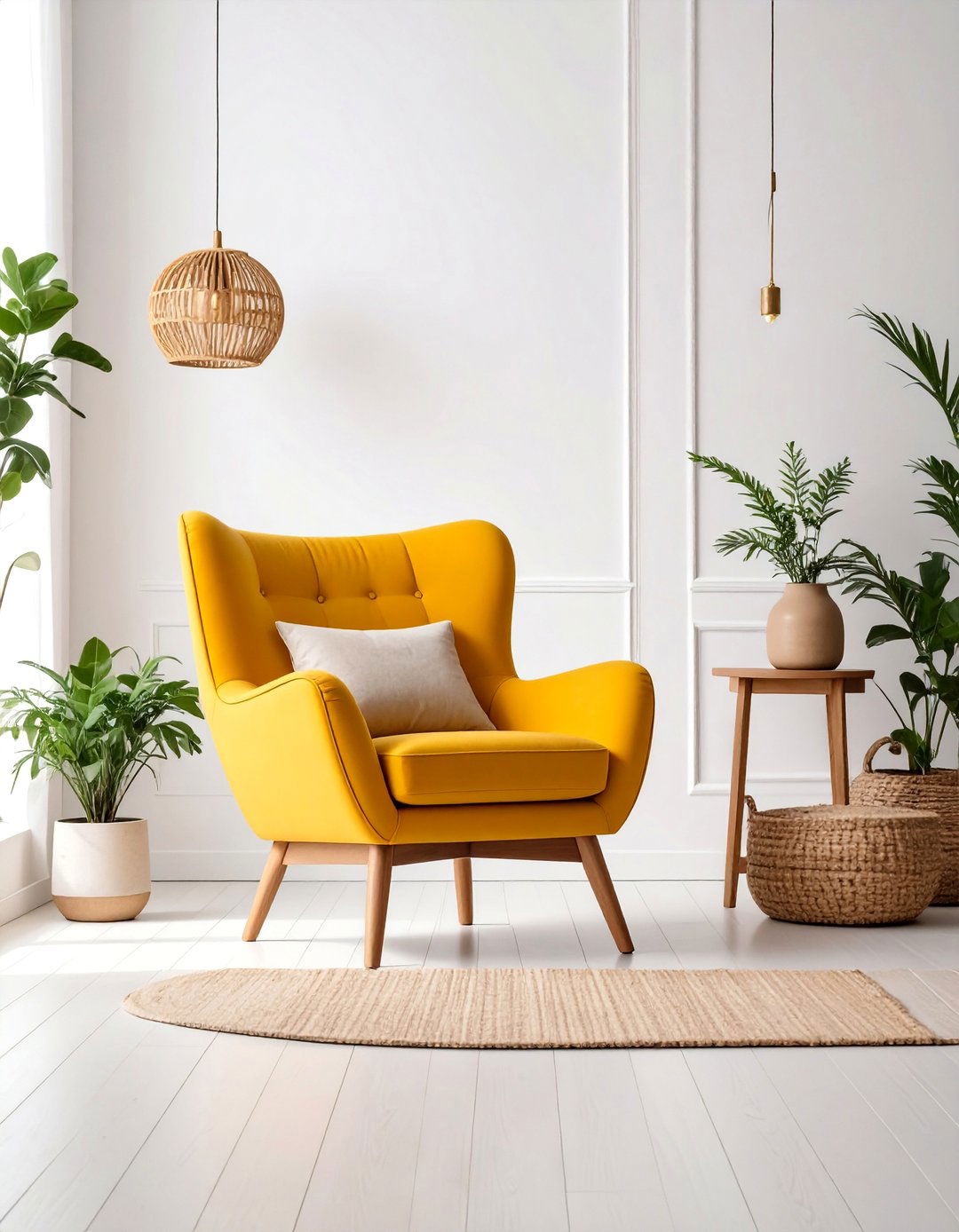 Marigold Yellow Accent Chair with White Backdrop - 25 Yellow Living Room Ideas