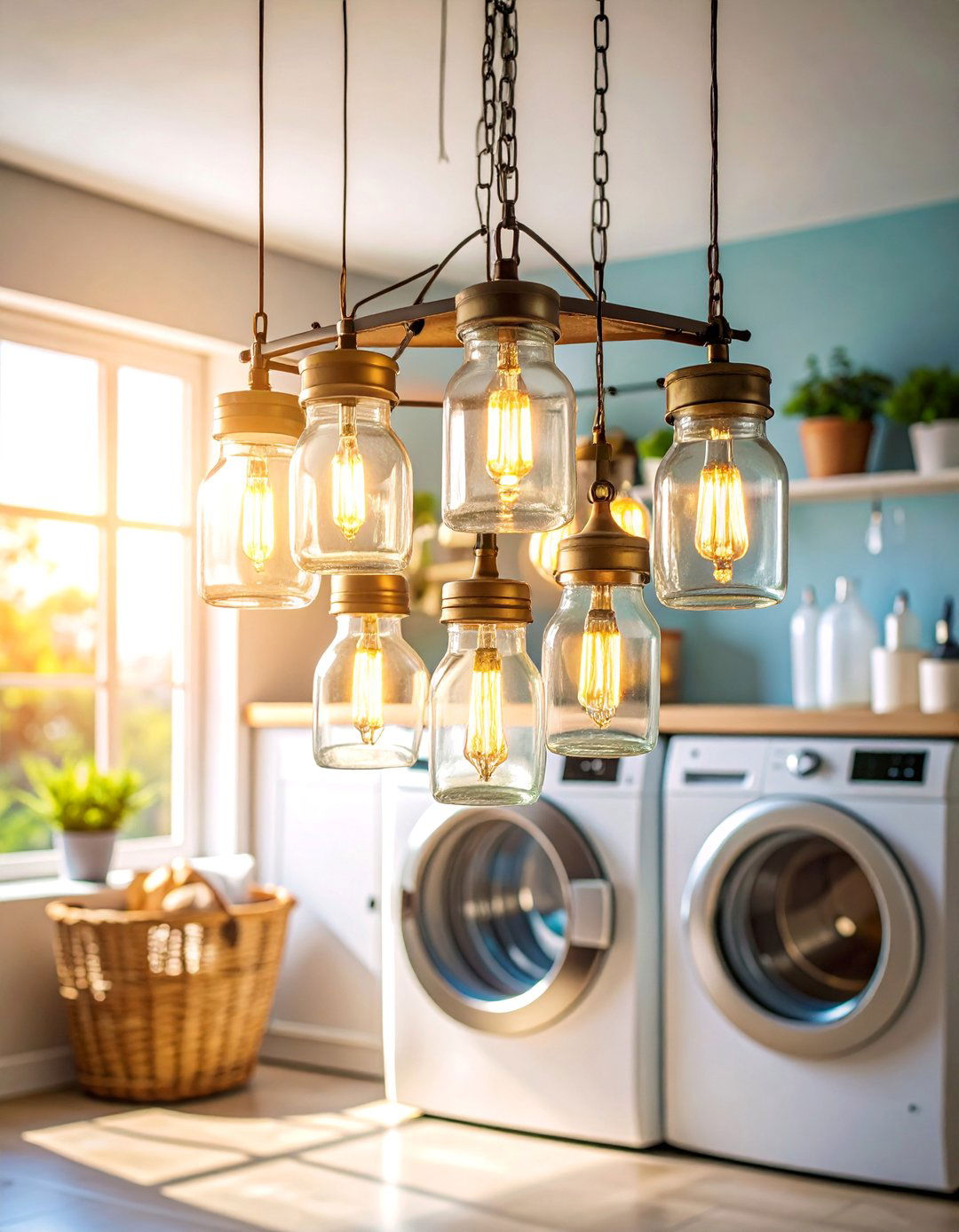 Mason Jar Chandelier Lighting Laundry Room - 25 Rustic Laundry Room Ideas