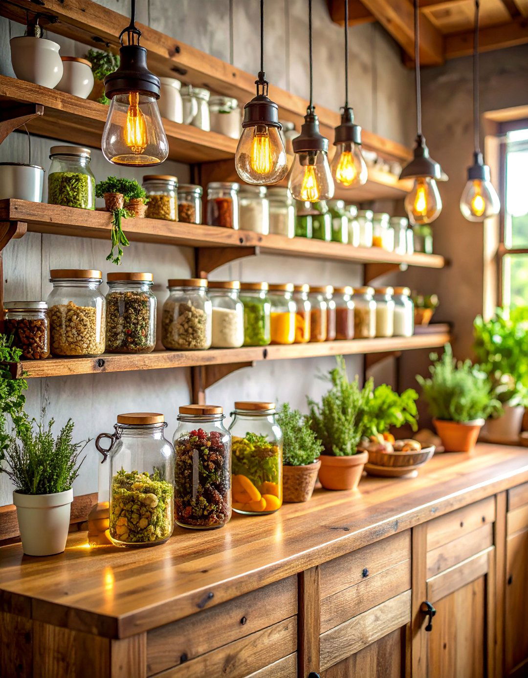 Mason Jar Storage Kitchen with Open Shelving - 25 Primitive Kitchen Ideas