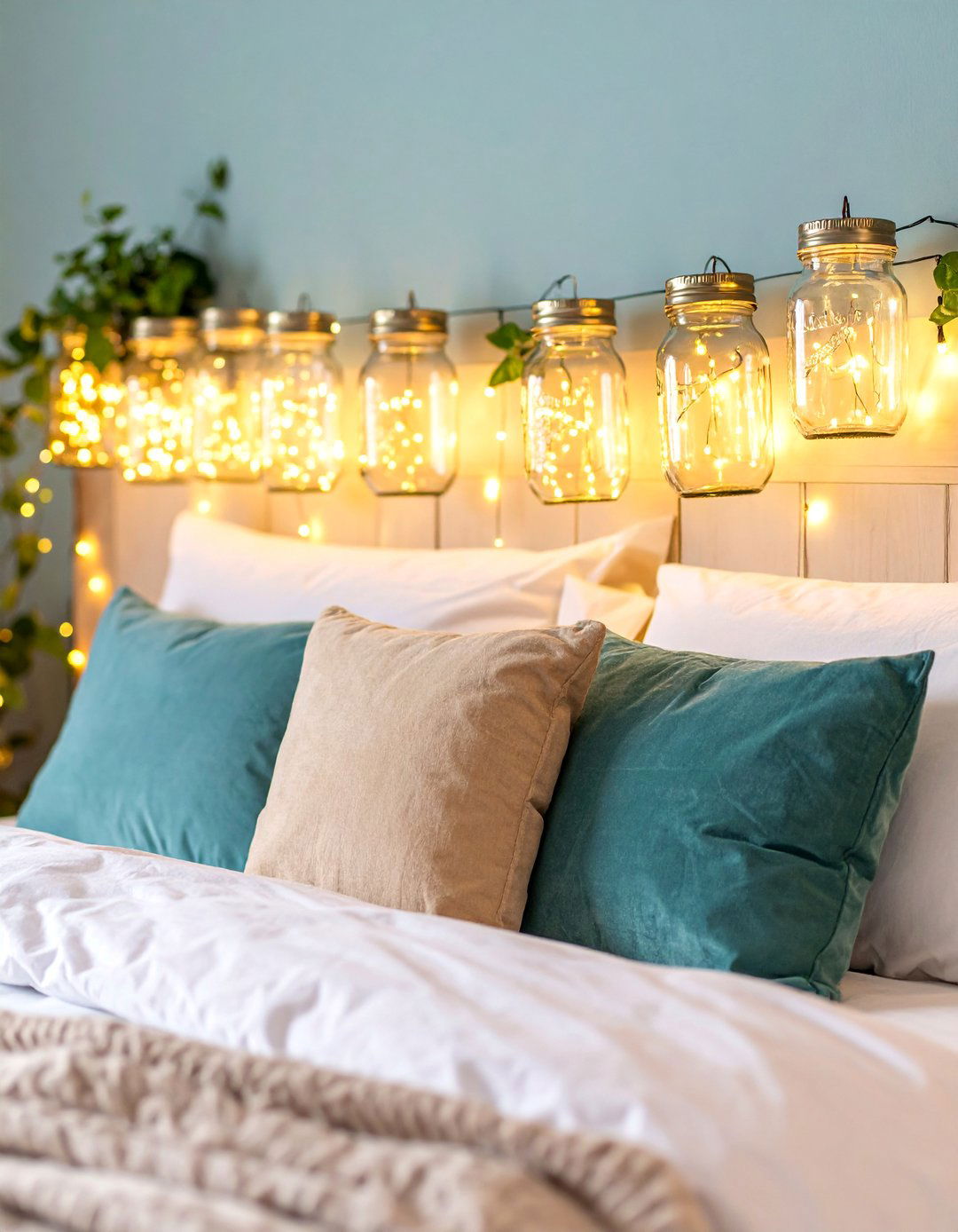 Mason Jar Wall Sconces with Fairy Lights - 25 Farmhouse Wall Decor Ideas