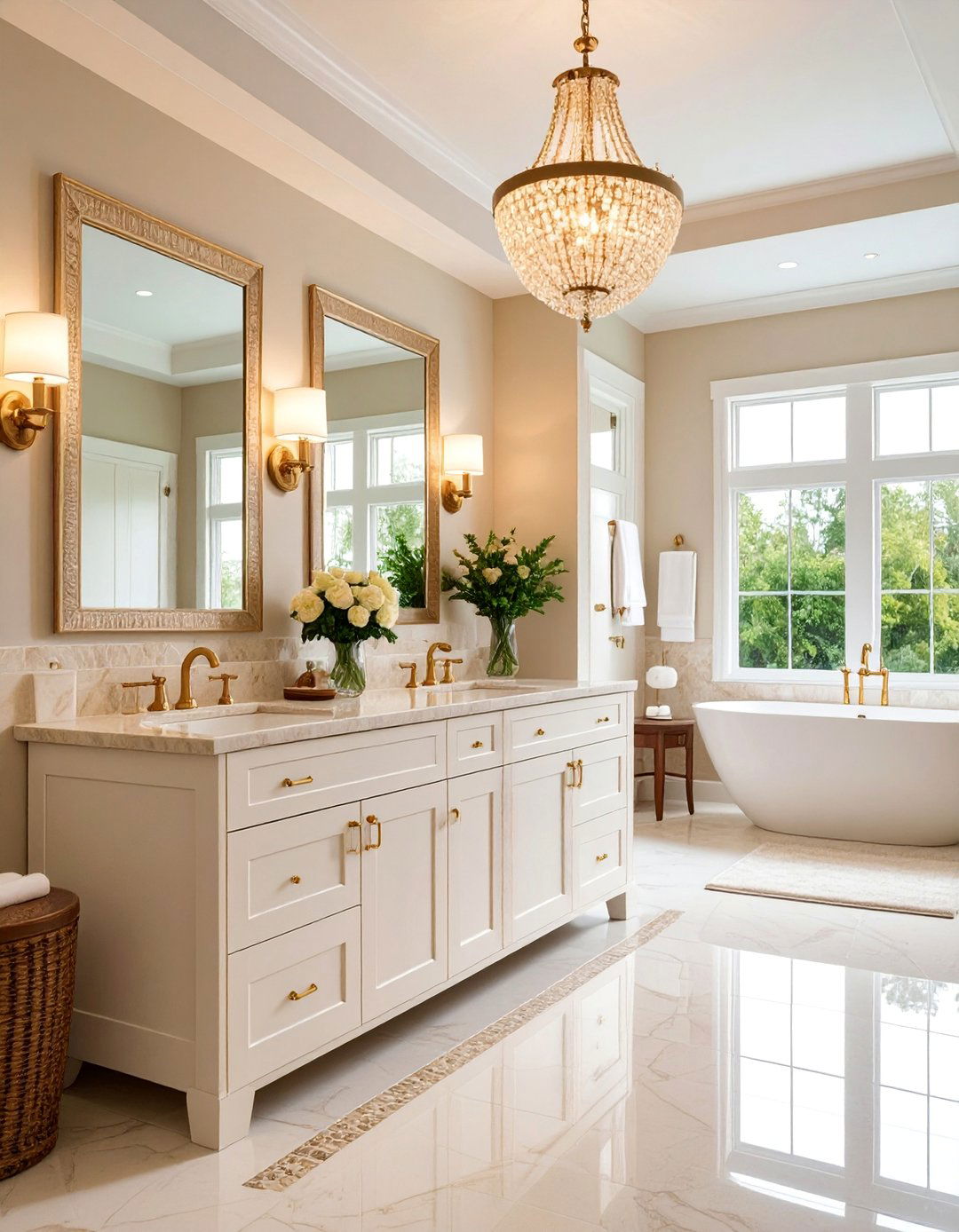 Master Suite Bathroom with Beige Marble Mosaic and White Vanities - 25 Beige and White Bathroom Ideas