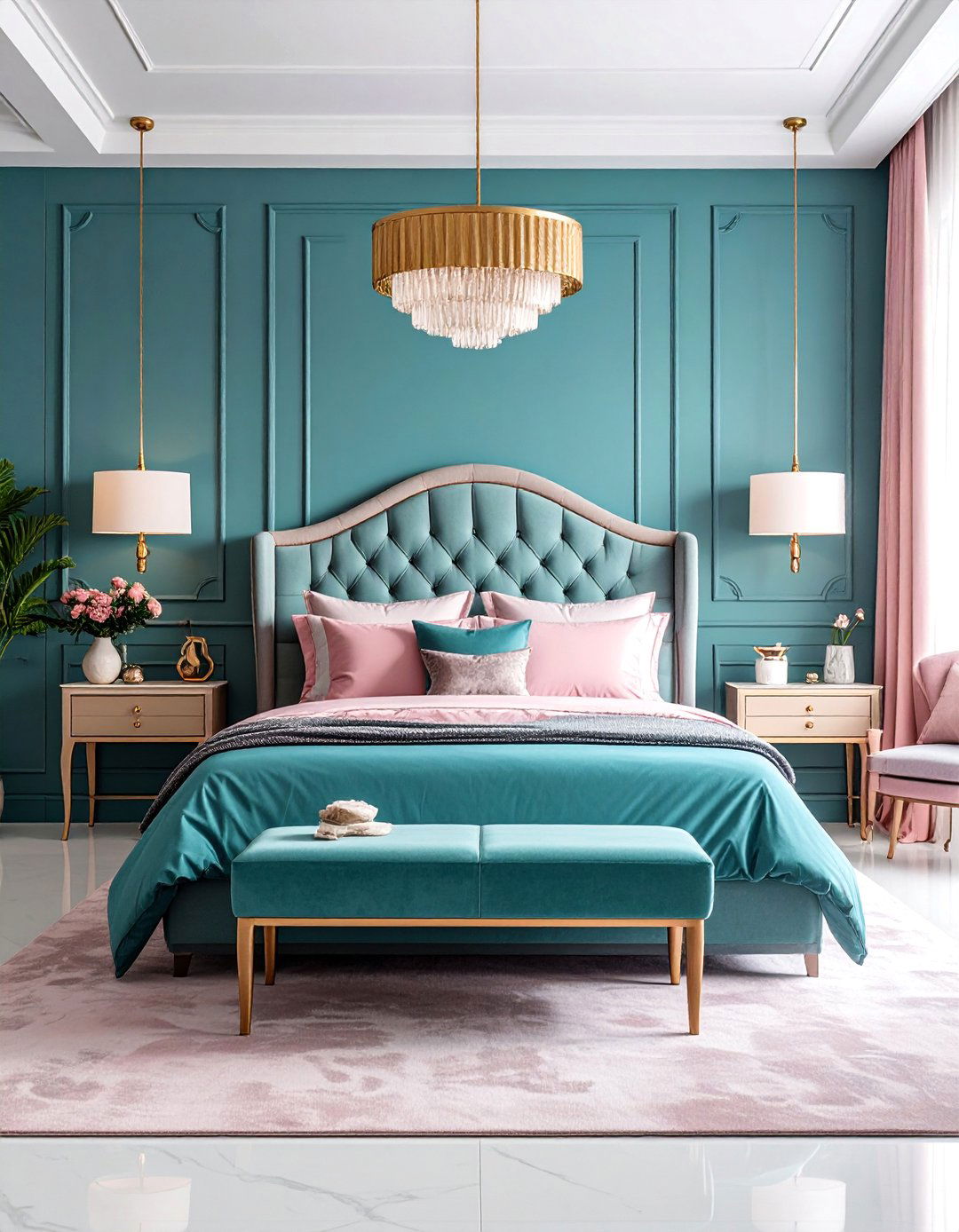 Master Suite Teal and Mauve Pink Bedroom with Sitting Area - 25 Teal and Pink Bedroom Ideas