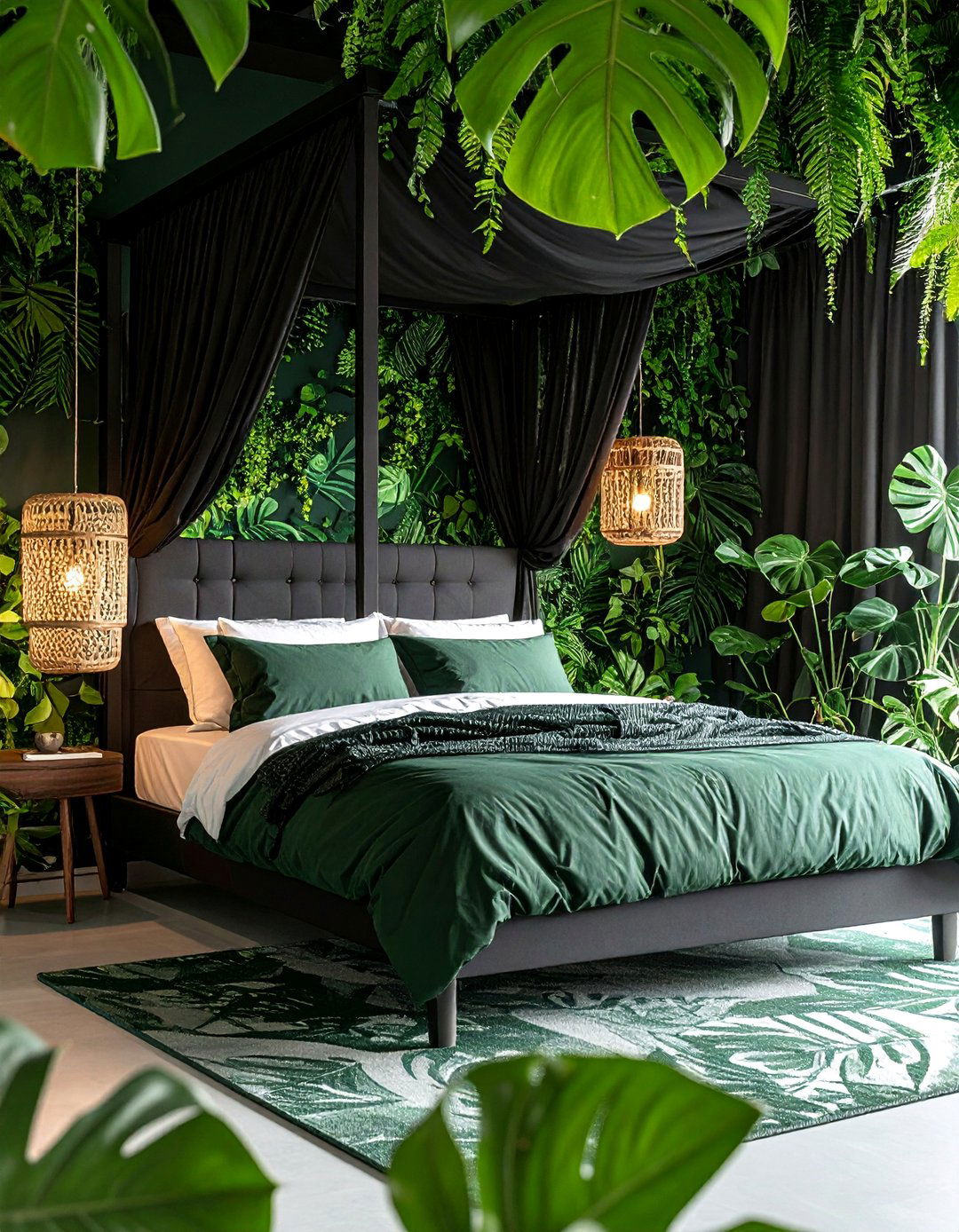 Matte Black Bedroom with Emerald Green Botanical Escape - 25 Matte Black Bedroom Ideas