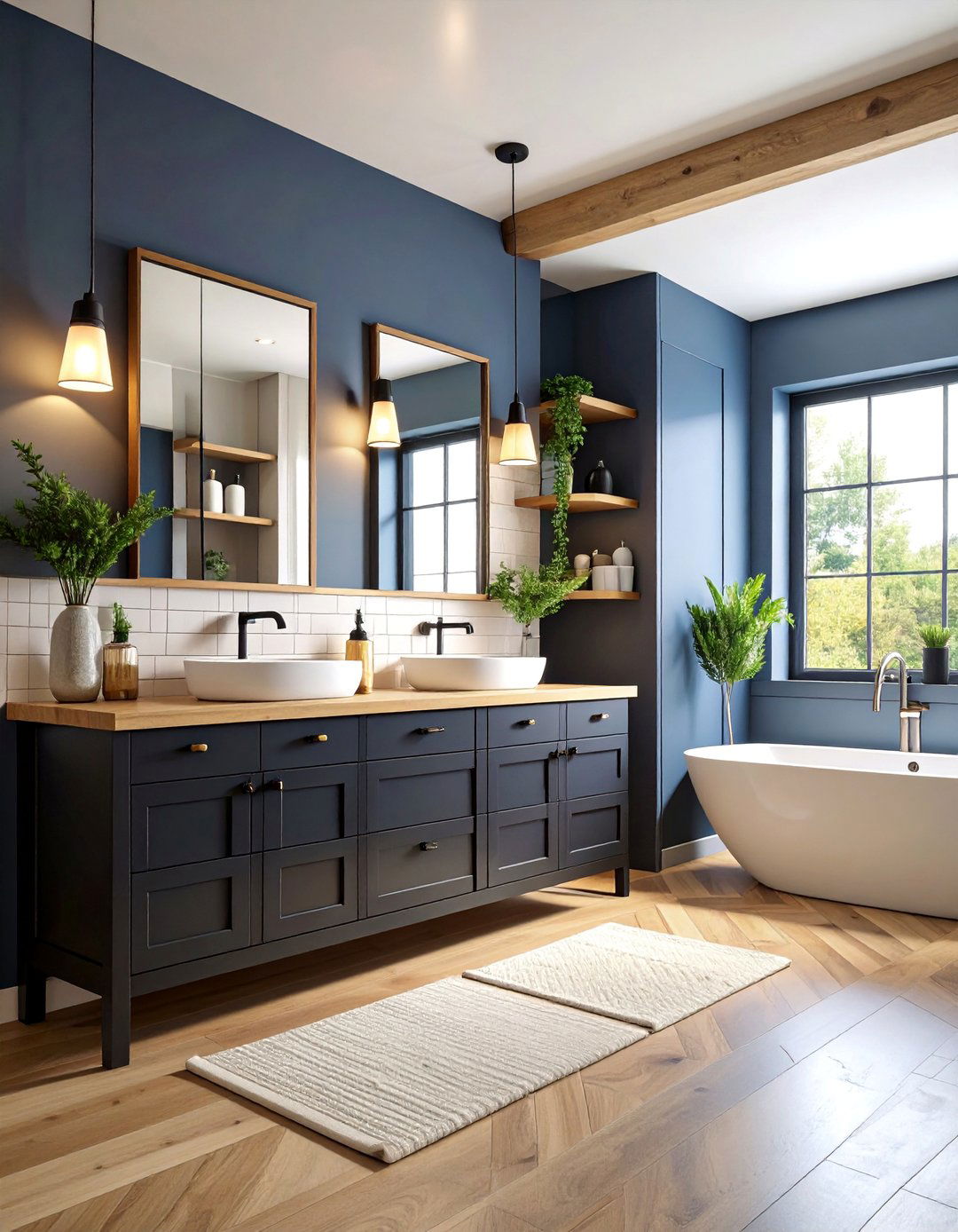 Matte Black Cabinetry with Blonde Wood Countertops - 25 Black and Wood Bathroom Ideas