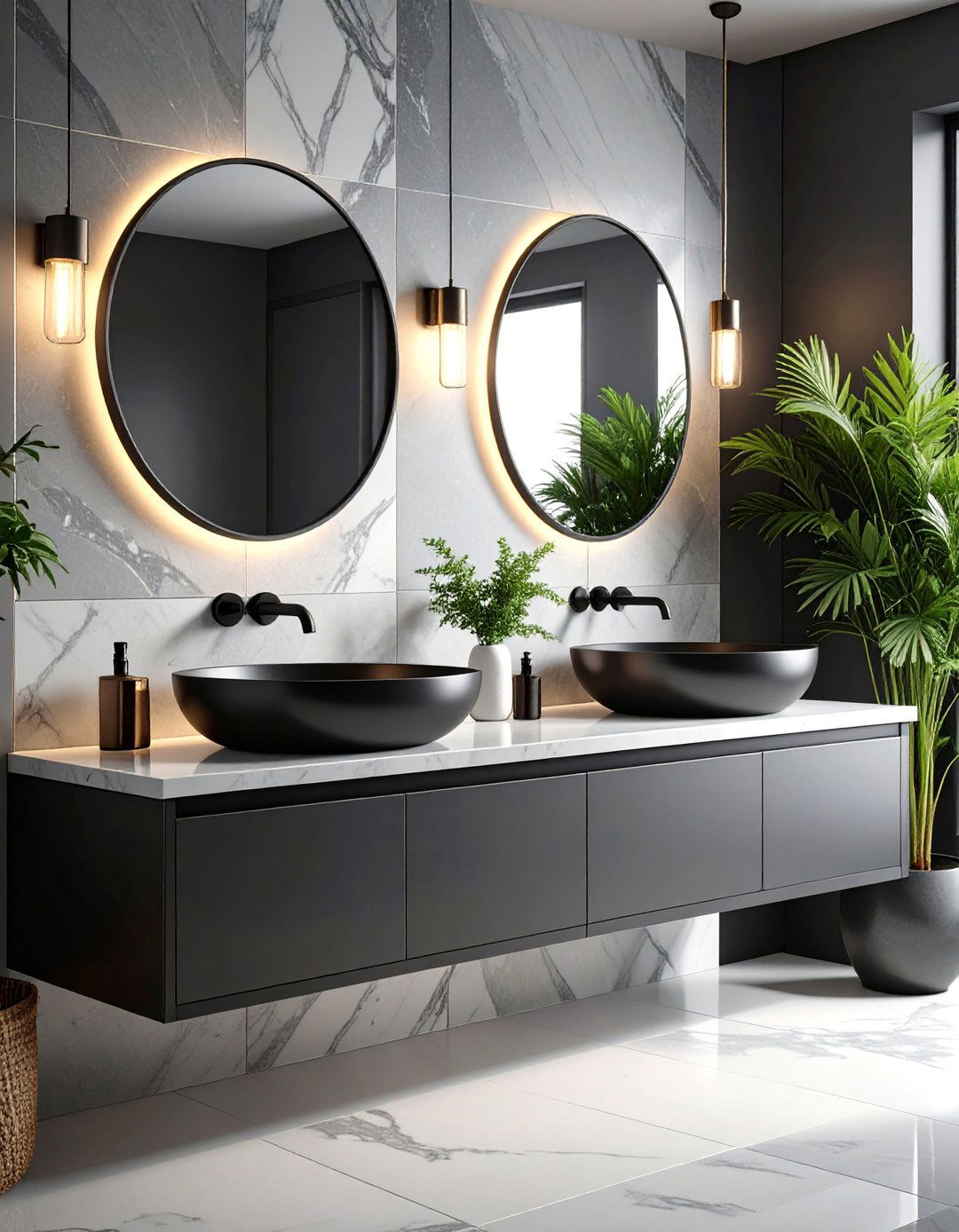 Matte Black Fixtures with Grey and White Backdrop - 25 Grey and White Bathroom Ideas