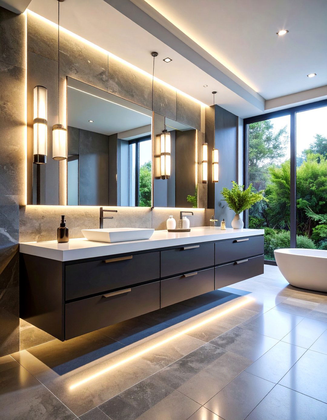 Matte Black Flat Panel Vanity with Integrated Lighting - 25 bathroom with black cabinets ideas