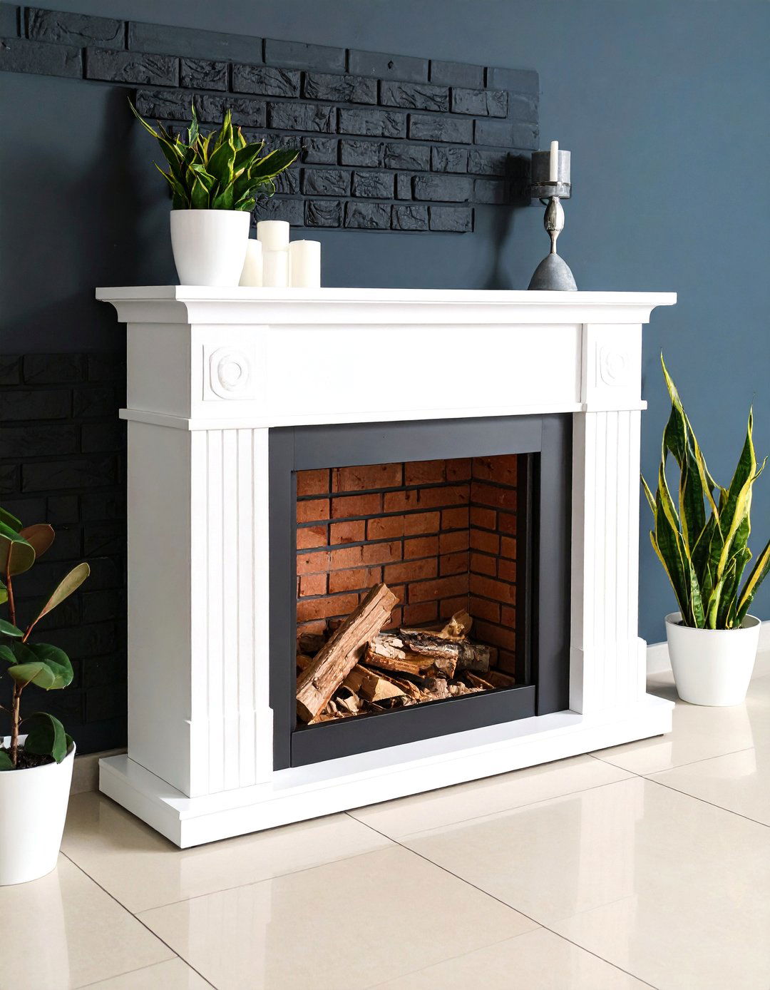 Matte Black Painted Brick with White Wooden Mantel - 25 Black and White Fireplace Ideas