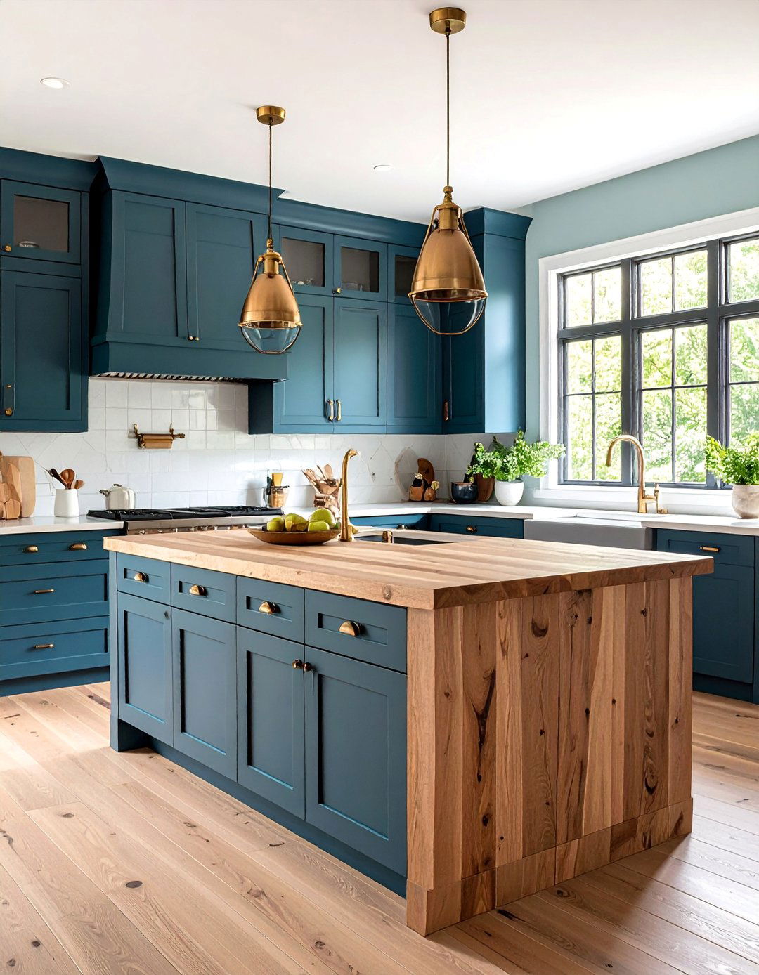 Matte Black Two Tone Kitchen with Natural Wood Island - 25 Dark Kitchen Ideas