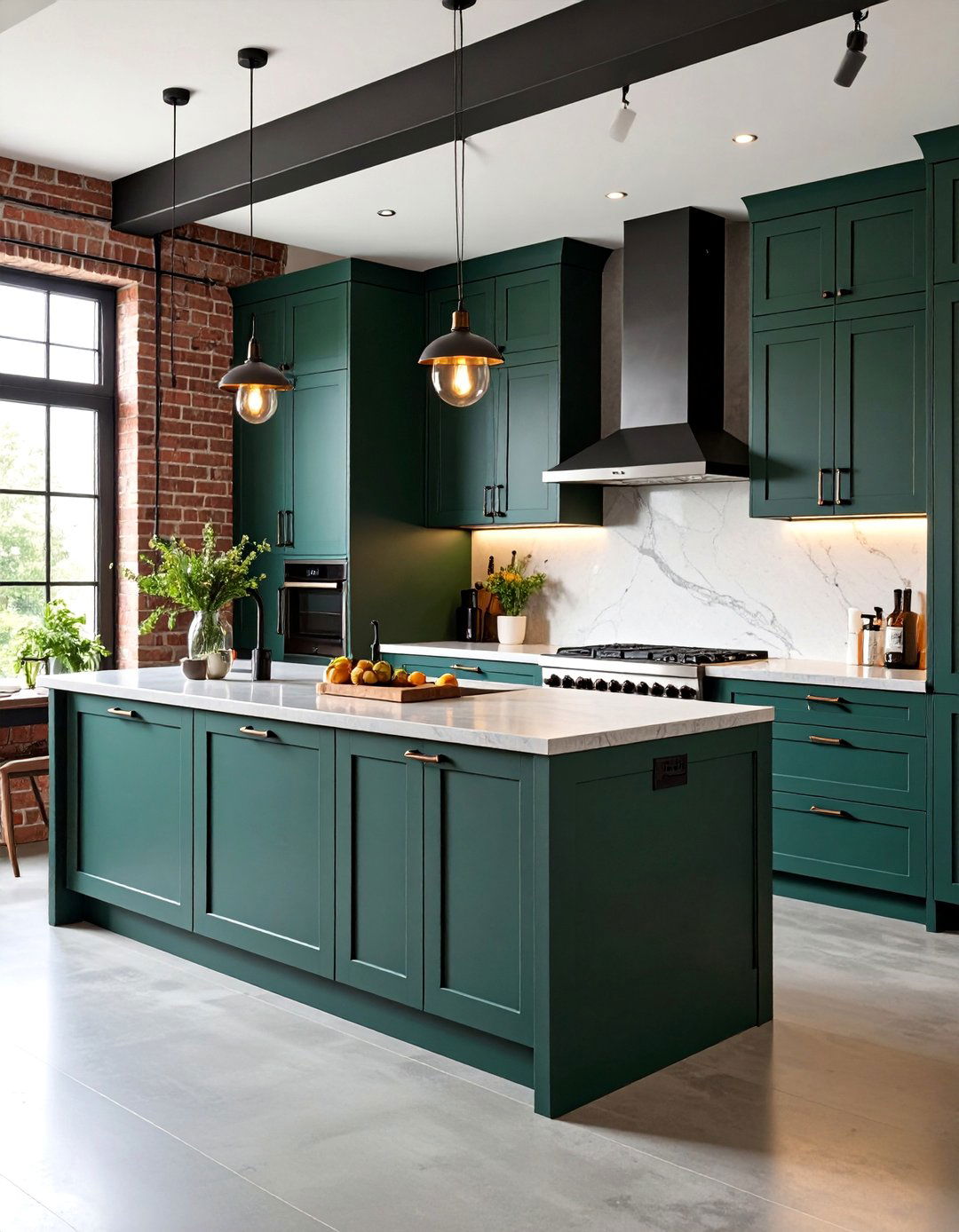 Matte Dark Green Cabinets with Industrial Accents - 25 Dark Green Kitchen Ideas