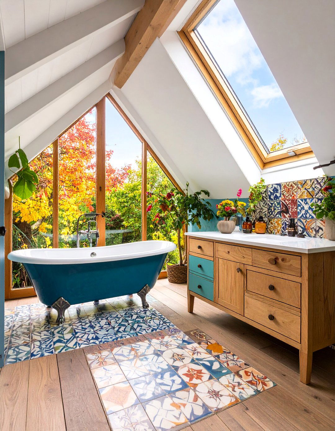 Maximalist Colorful Attic Bathroom with Pattern Mixing - 25 Attic Bathroom Ideas