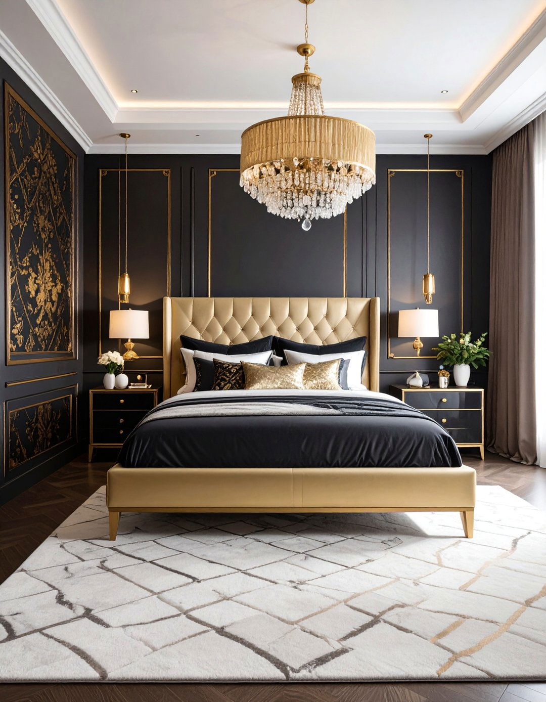 Maximalist Drama with Pattern Mixing - 25 Black and Gold Bedroom Ideas
