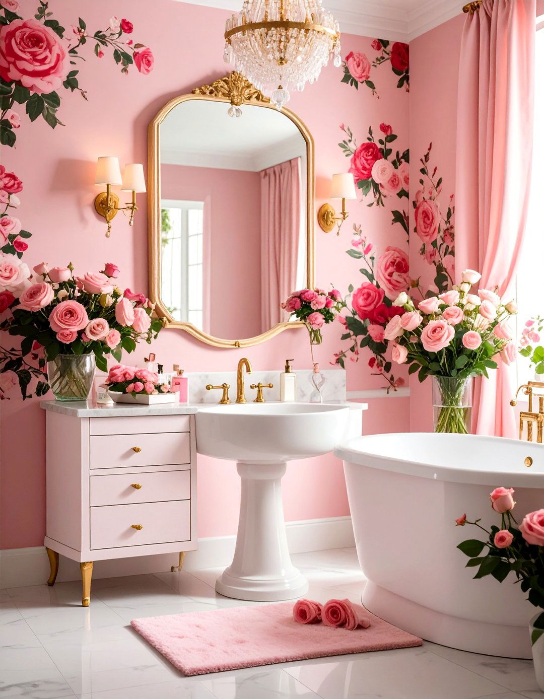 Maximalist Floral Powder Room with Pattern Layering - 25 Eclectic Powder Room Ideas