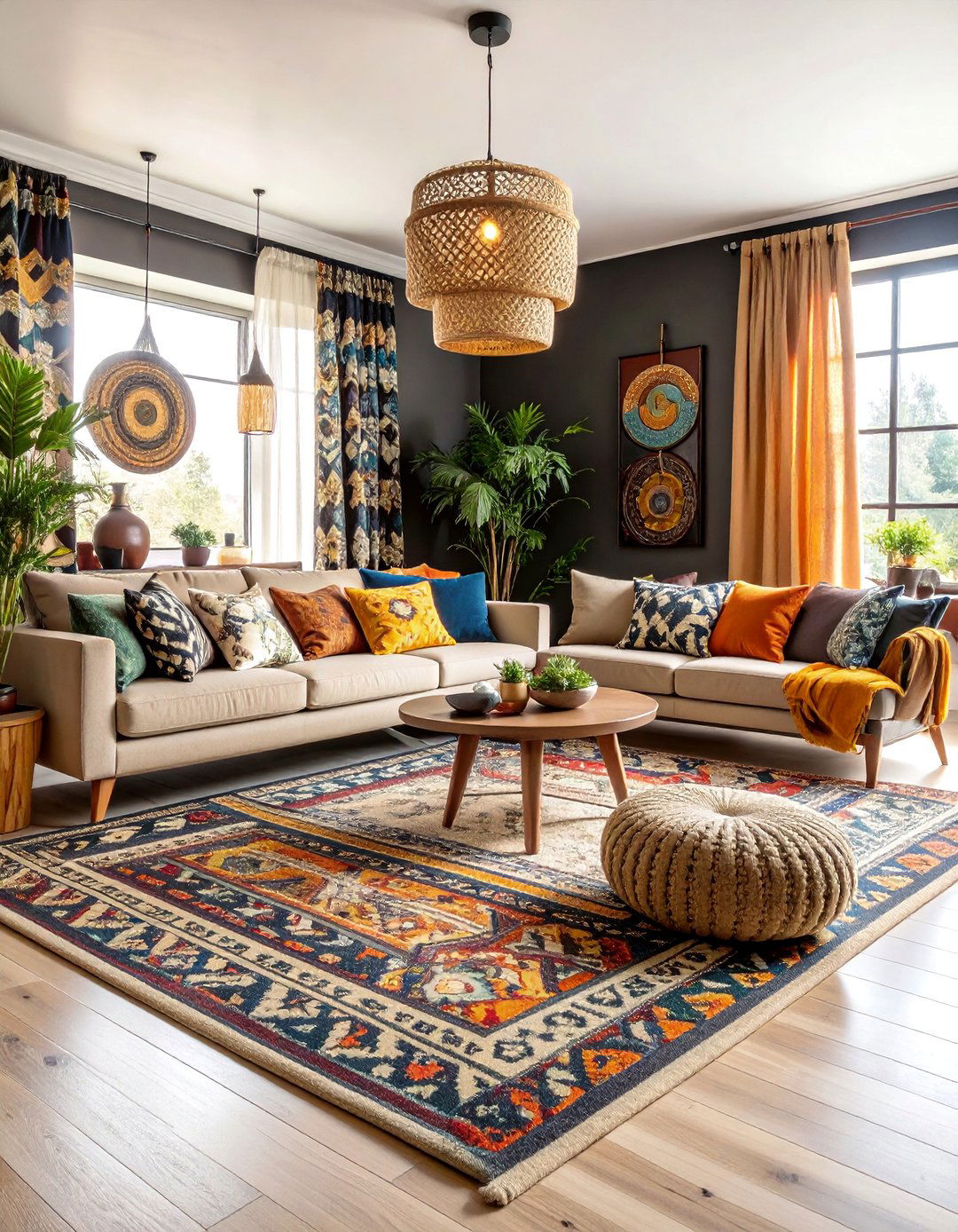 Maximalist Pattern Black Beige Living Room - 25 Black and Beige Living Room Ideas