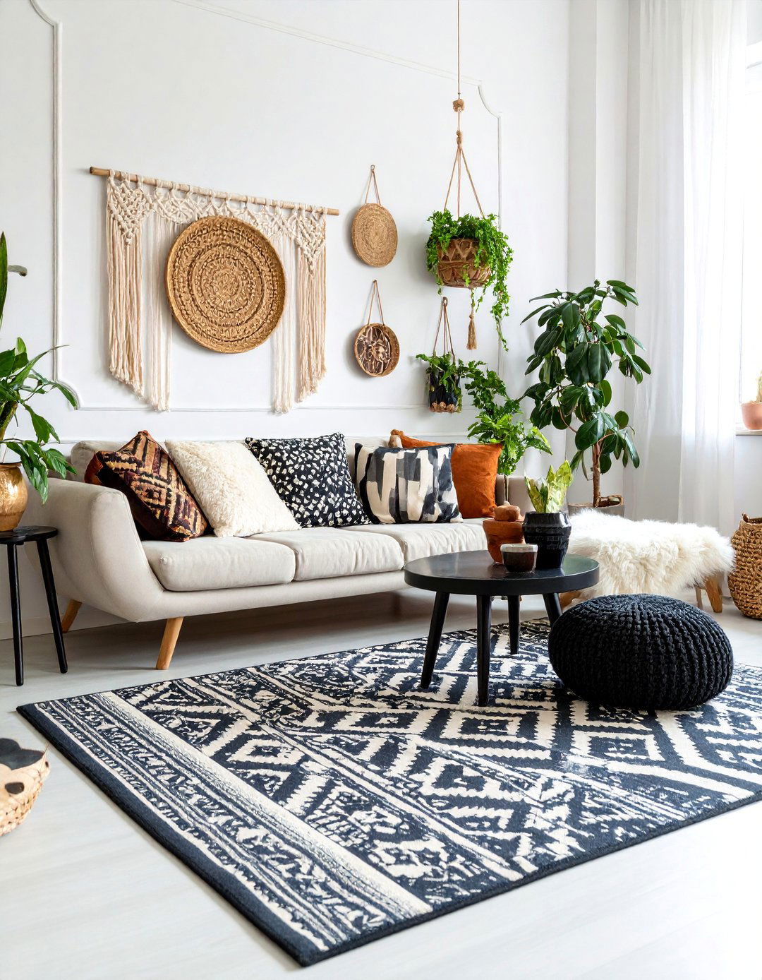 Maximalist Pattern Explosion in Monochrome - 25 Black and White Boho Living Room Ideas