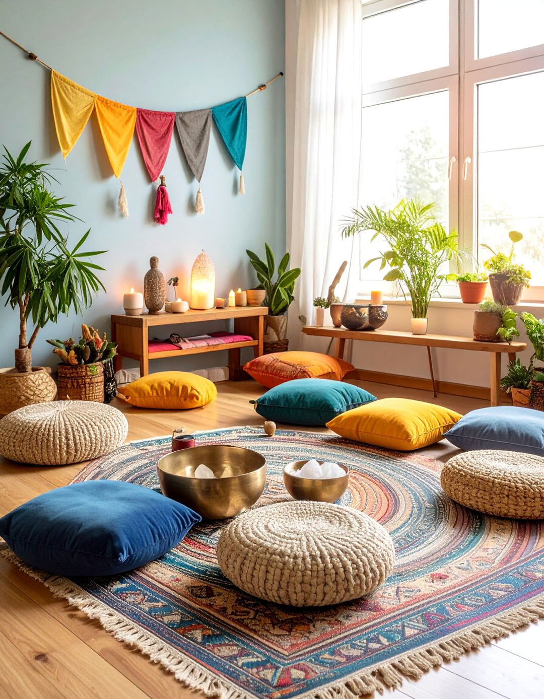Meditation Corner with Singing Bowls and Crystals - 25 Colorful Boho Decor Ideas