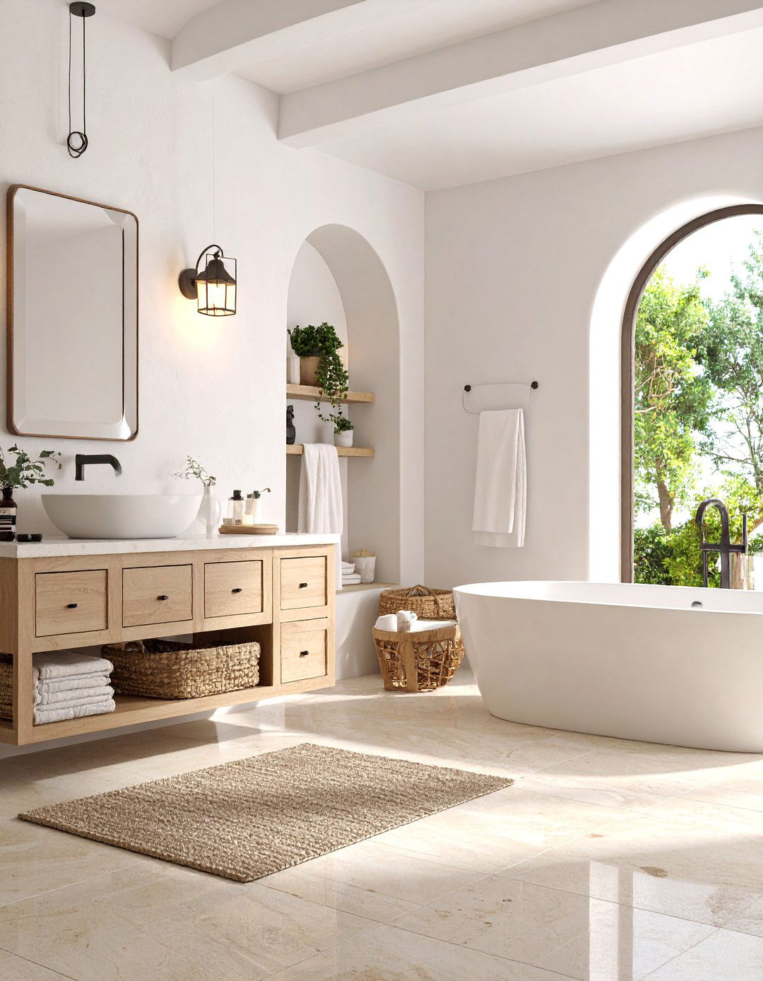 Mediterranean Bathroom with Beige Travertine and White Plaster - 25 Beige and White Bathroom Ideas