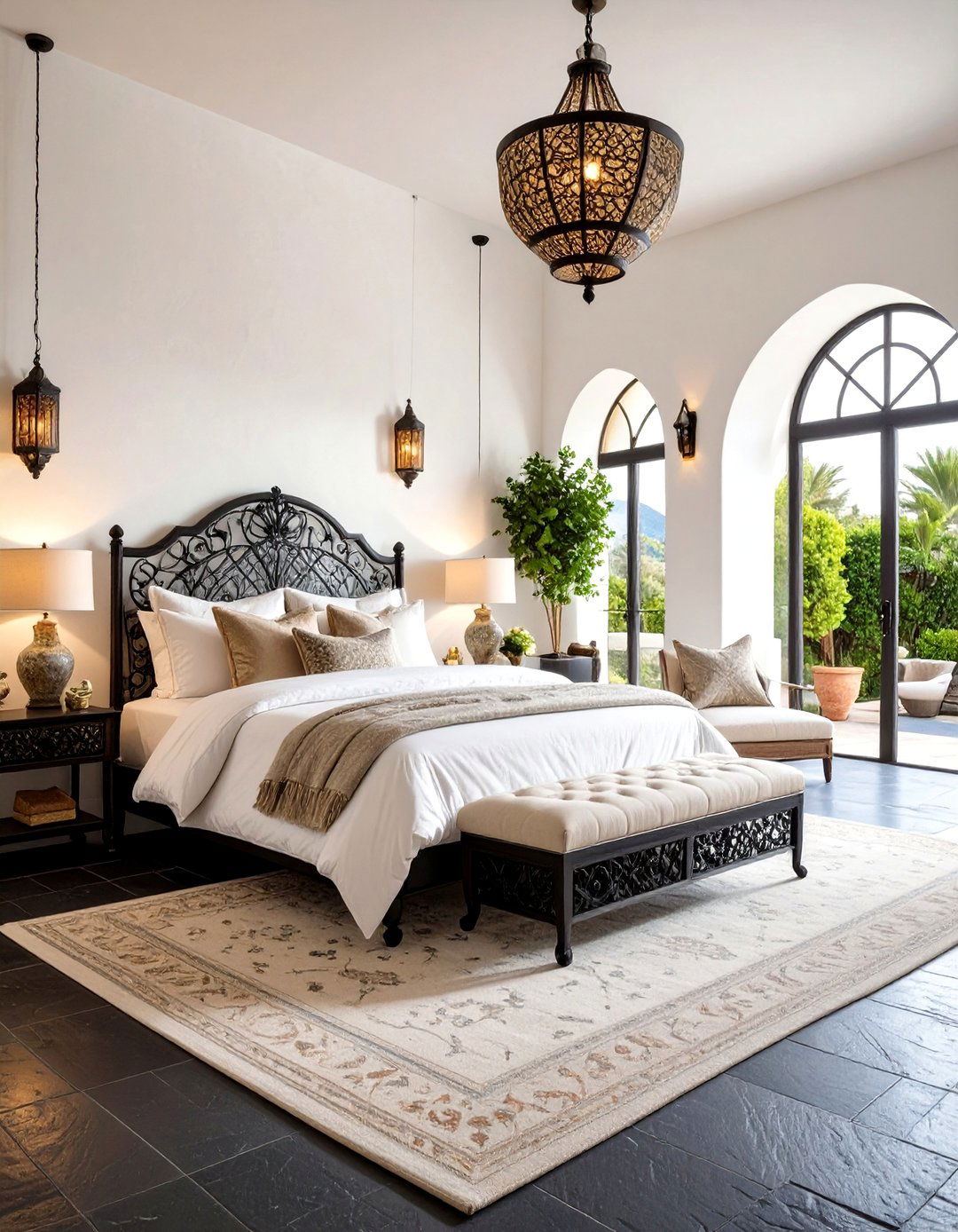 Mediterranean Bedroom with Black Natural Stone Floors and Wrought Iron Details - 25 Black Floor Bedroom Ideas