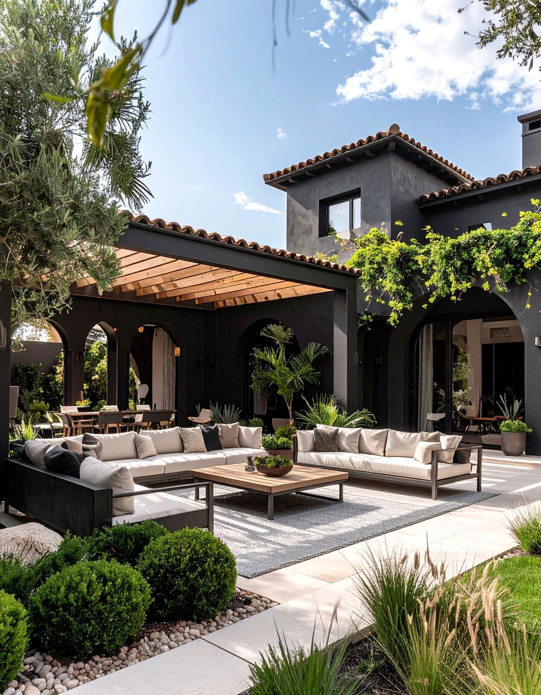 Mediterranean Black Villa with Cedar Pergola Elements