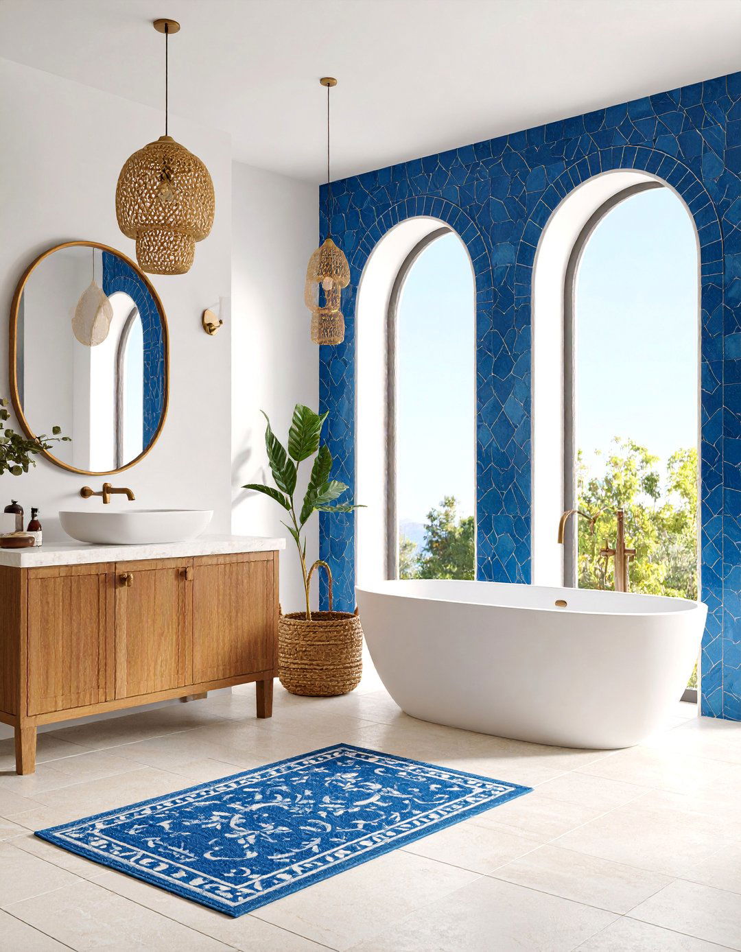 Mediterranean Blue Mosaic Bathroom with Stone Features - 25 Tuscan Bathroom Ideas