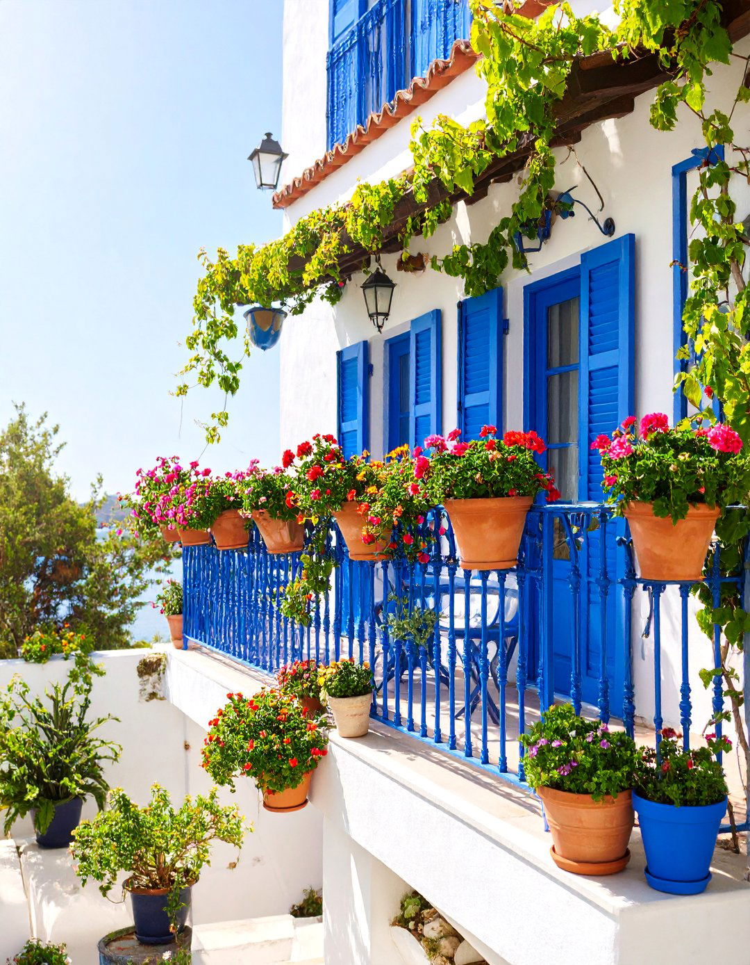 Mediterranean Coastal Balcony with Blue and White Accents - 25 Large Balcony Ideas
