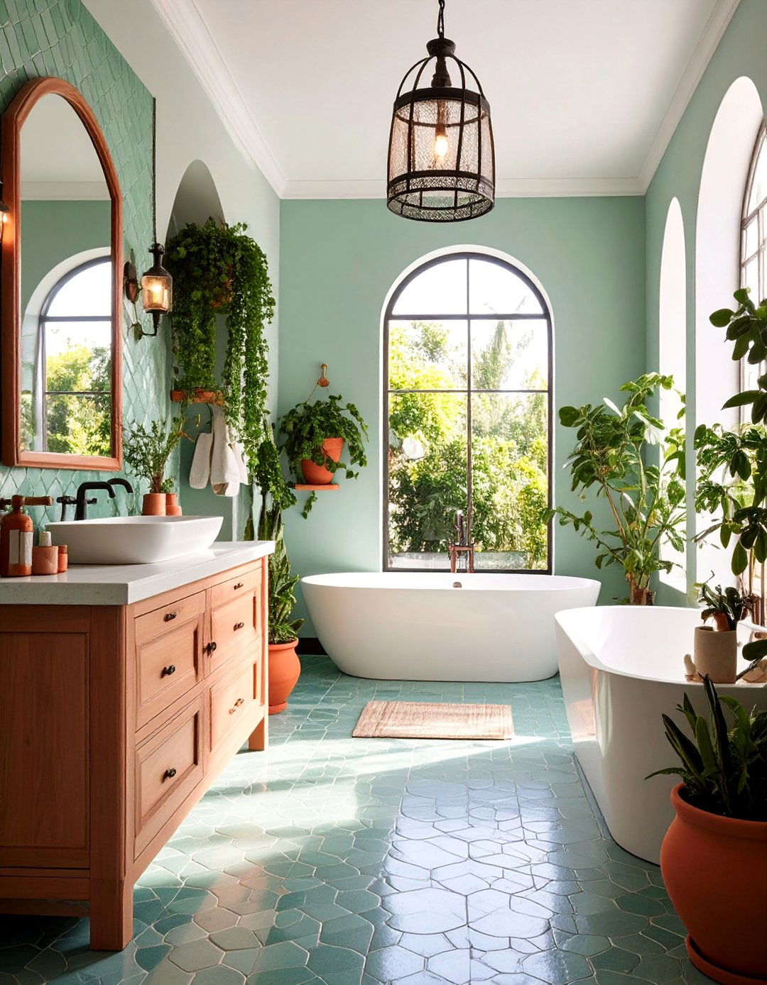 Mediterranean Coastal Bathroom with Seafoam Tiles and Coral Stonework - 25 Pink and Green Bathroom Design Ideas